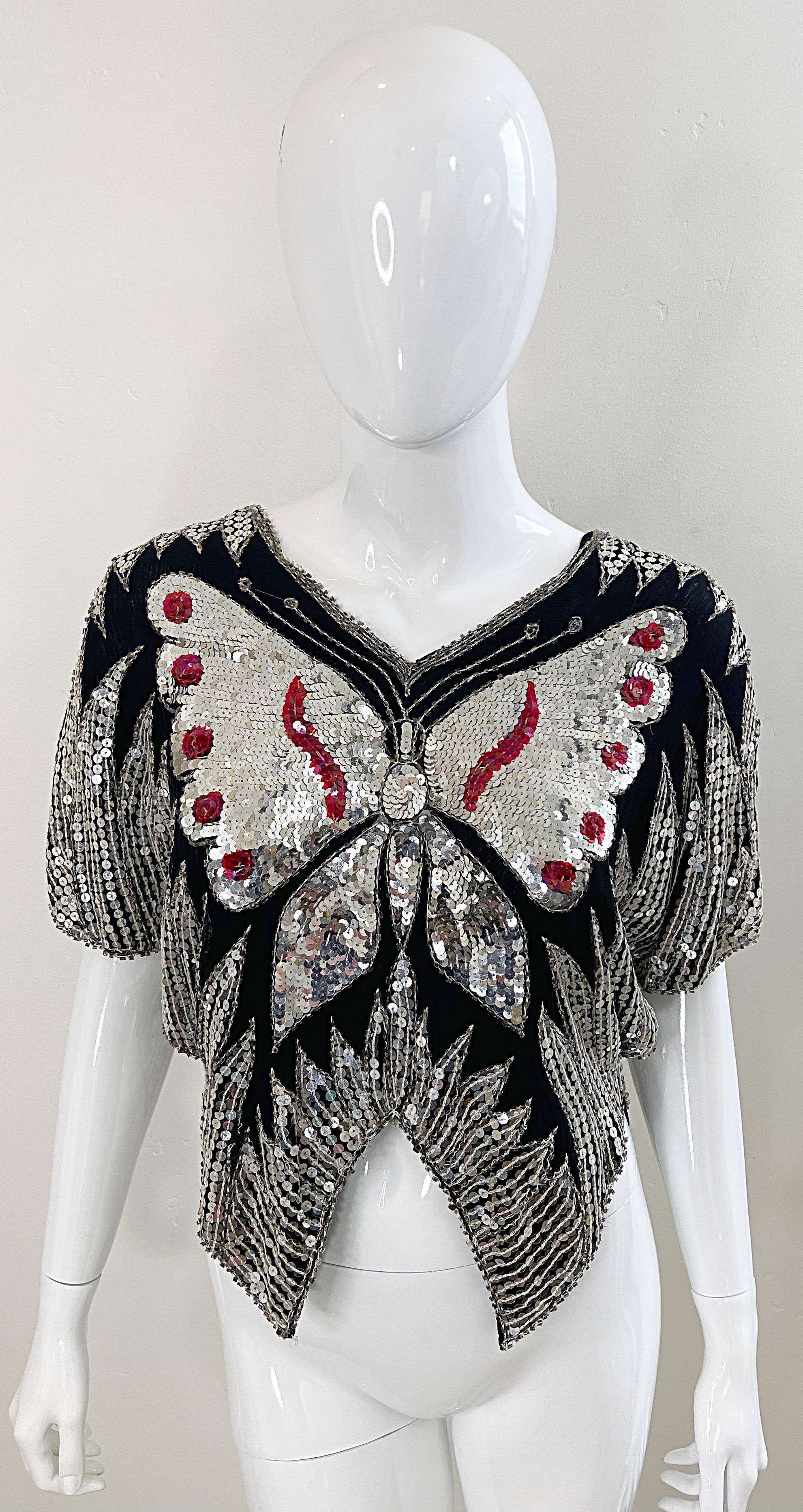 Studio 54 Early 1980s Butterfly Red Silver Black Sequin Disco Vintage 80s Top In Excellent Condition For Sale In San Diego, CA