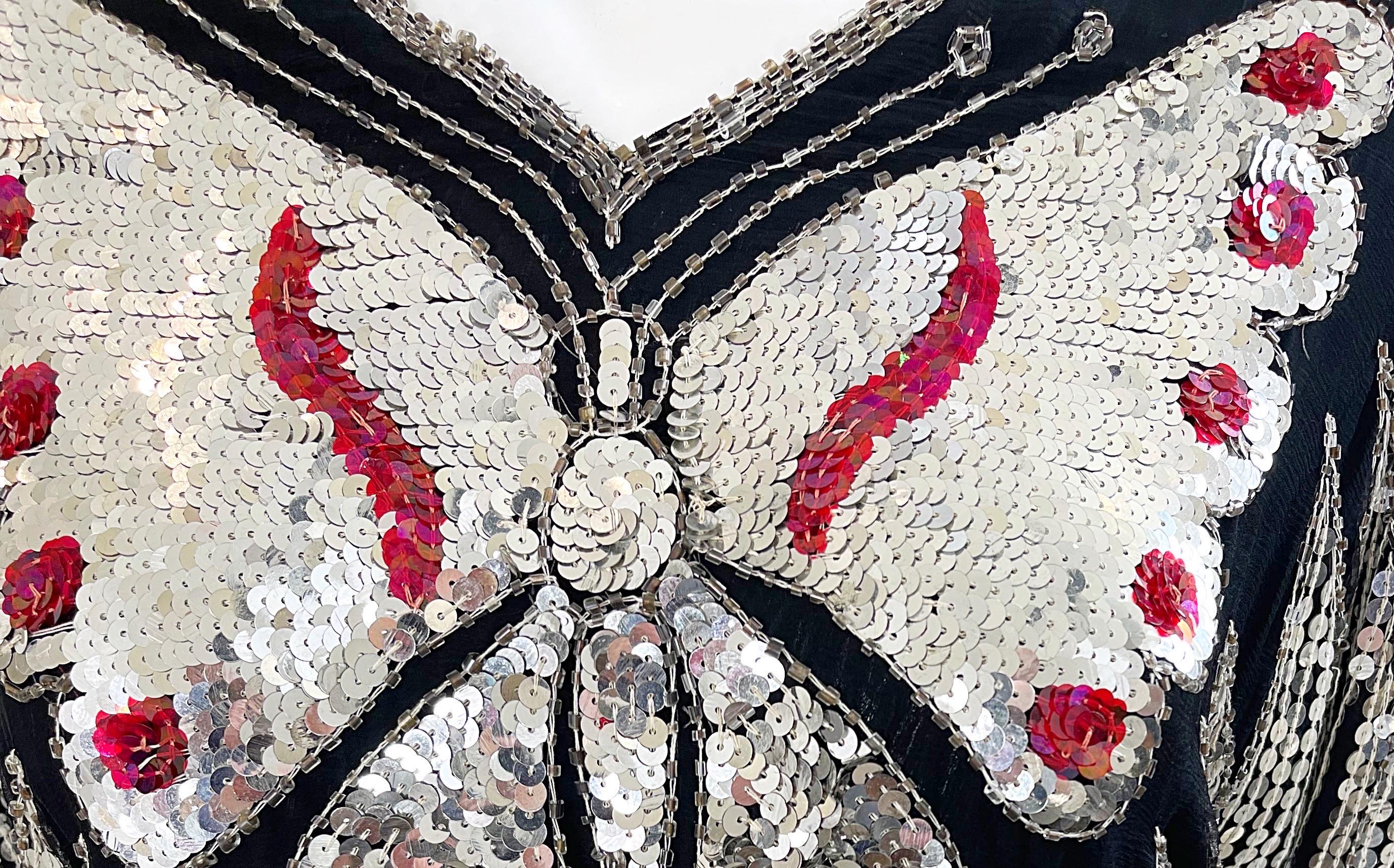 Women's Studio 54 Early 1980s Butterfly Red Silver Black Sequin Disco Vintage 80s Top For Sale