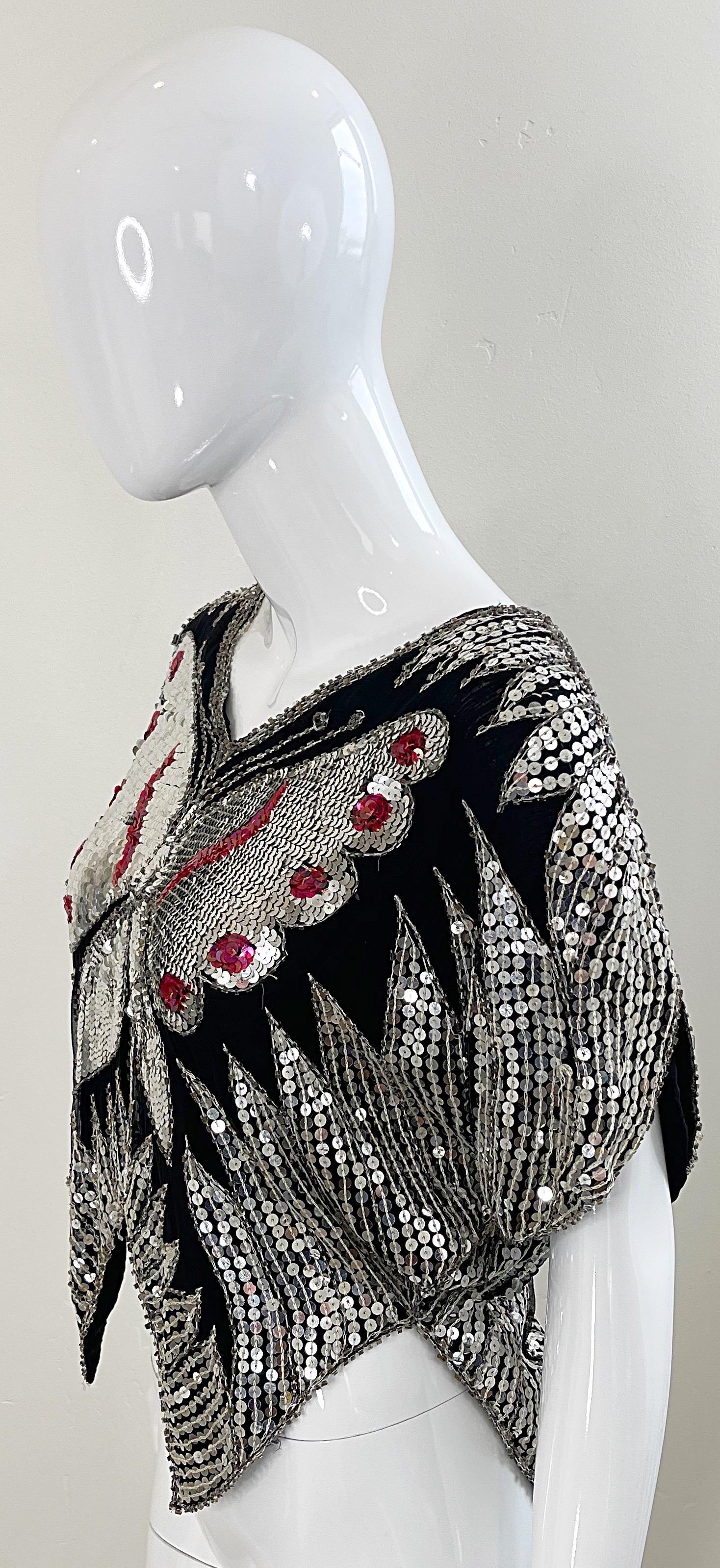 Women's Studio 54 Early 1980s Butterfly Red Silver Black Sequin Disco Vintage 80s Top For Sale