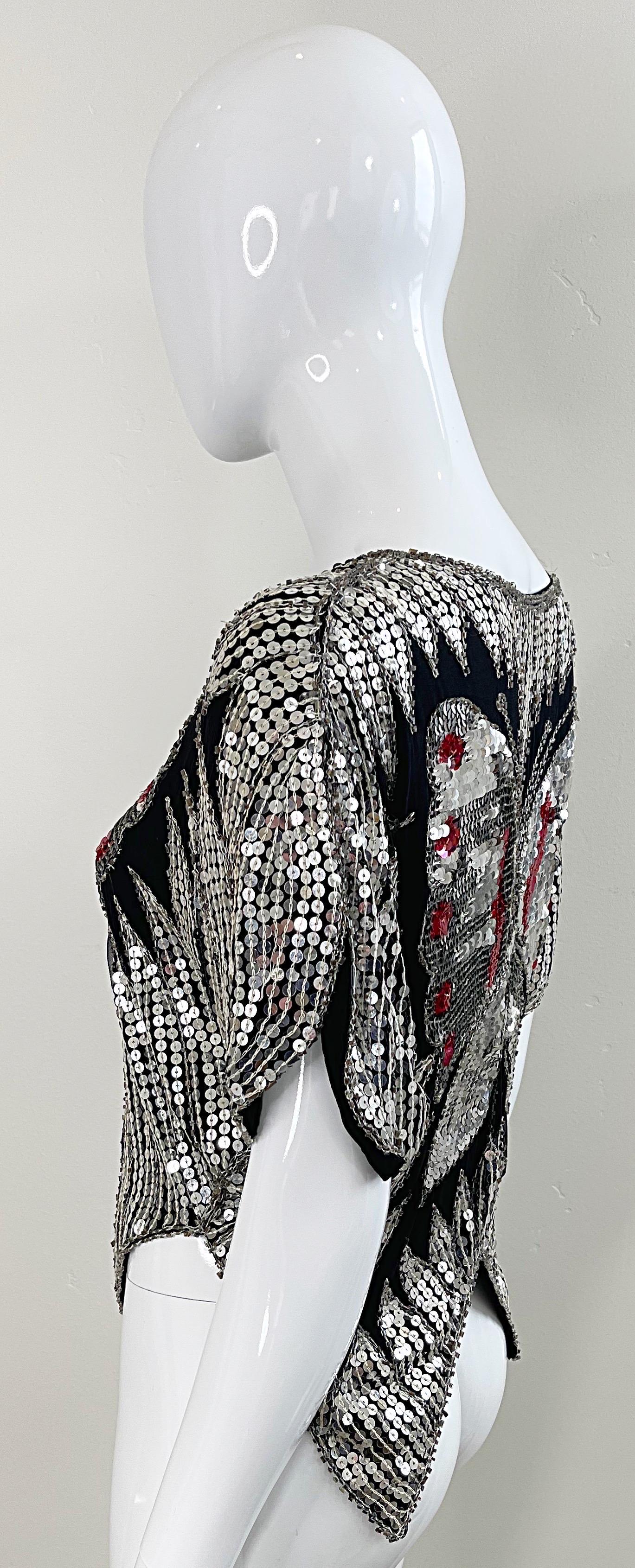 Studio 54 Early 1980s Butterfly Red Silver Black Sequin Disco Vintage 80s Top For Sale 3