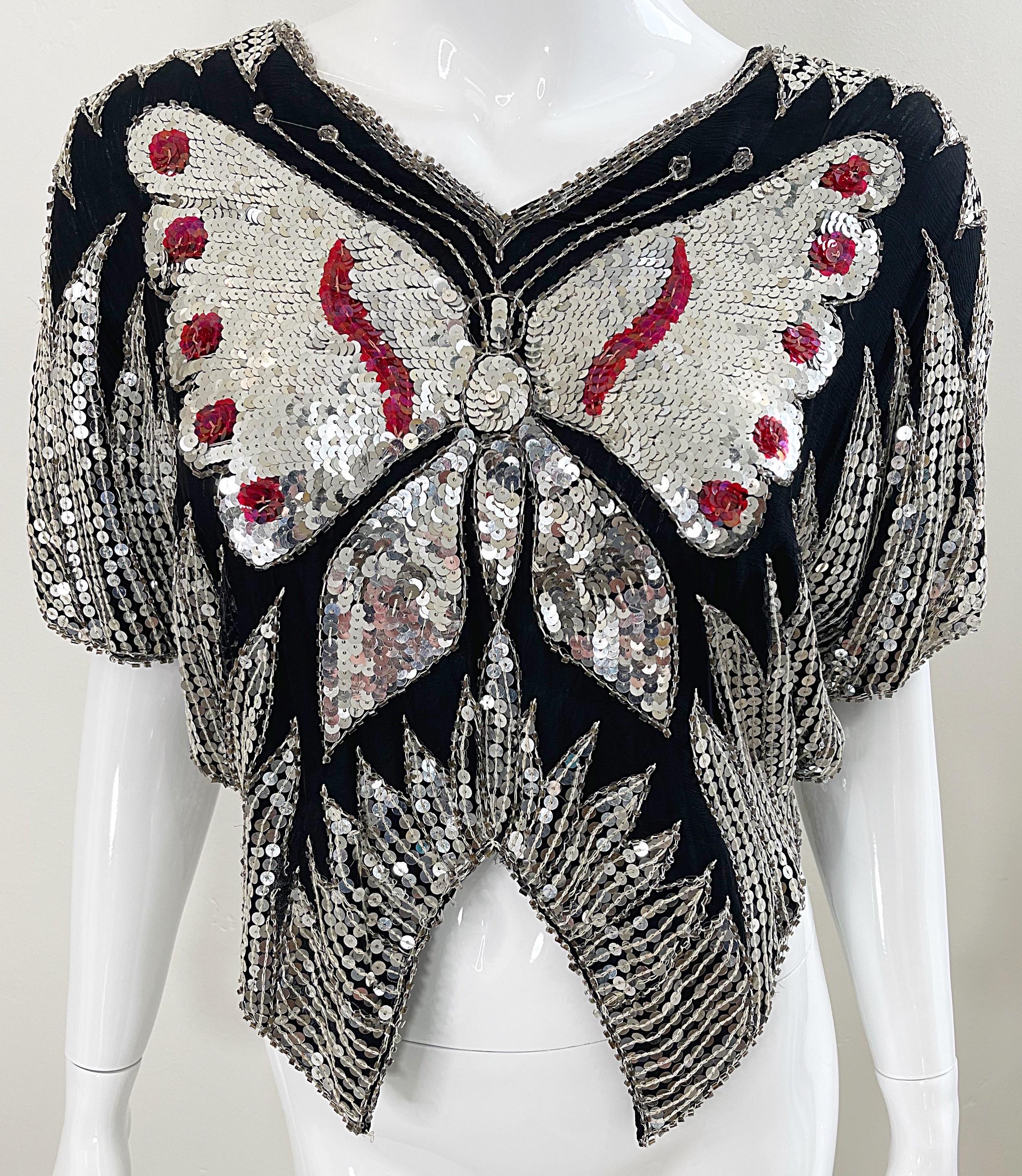 Studio 54 Early 1980s Butterfly Red Silver Black Sequin Disco Vintage 80s Top For Sale 4
