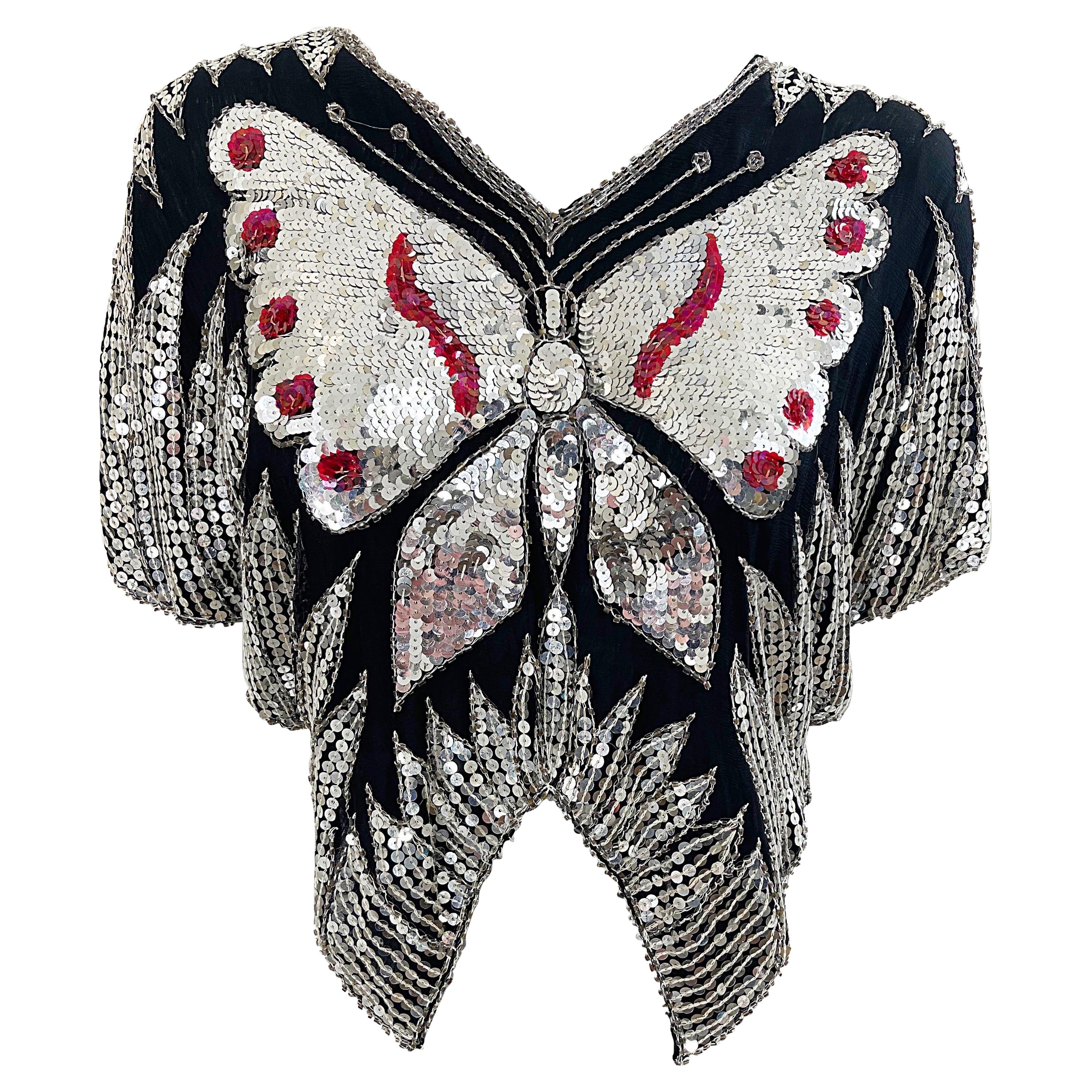 Studio 54 Early 1980s Butterfly Red Silver Black Sequin Disco Vintage 80s Top en vente