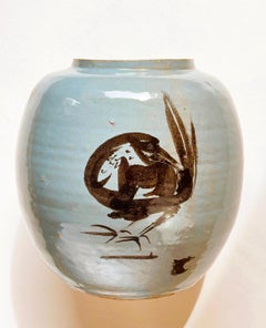 Studio Art Ceramic Vase Turquoise & Brush Stroke Bird, likely Japan, 1980s