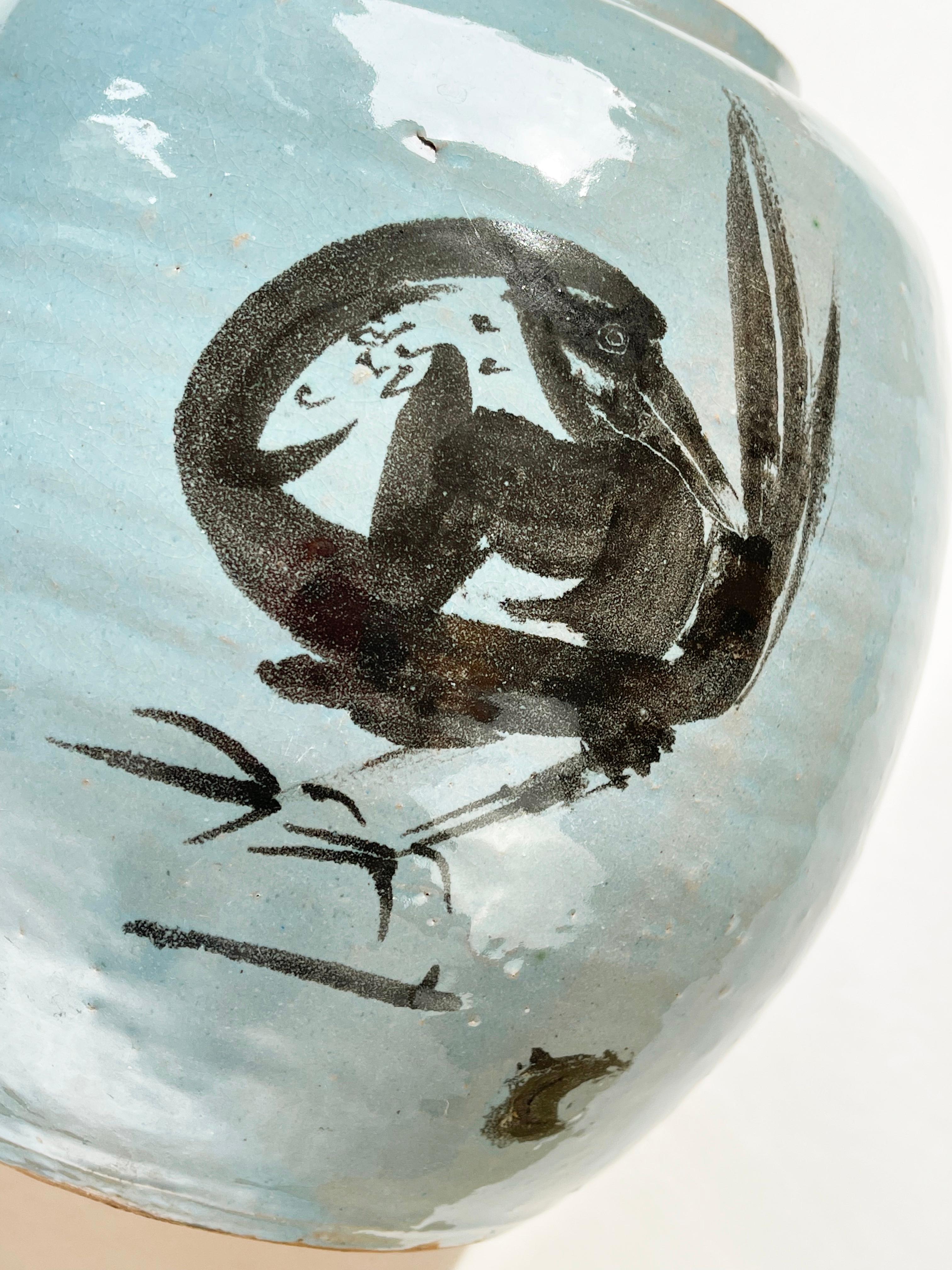 Japanese Studio Art Ceramic Vase Turquoise & Brush Stroke Bird, likely Japan, 1980s