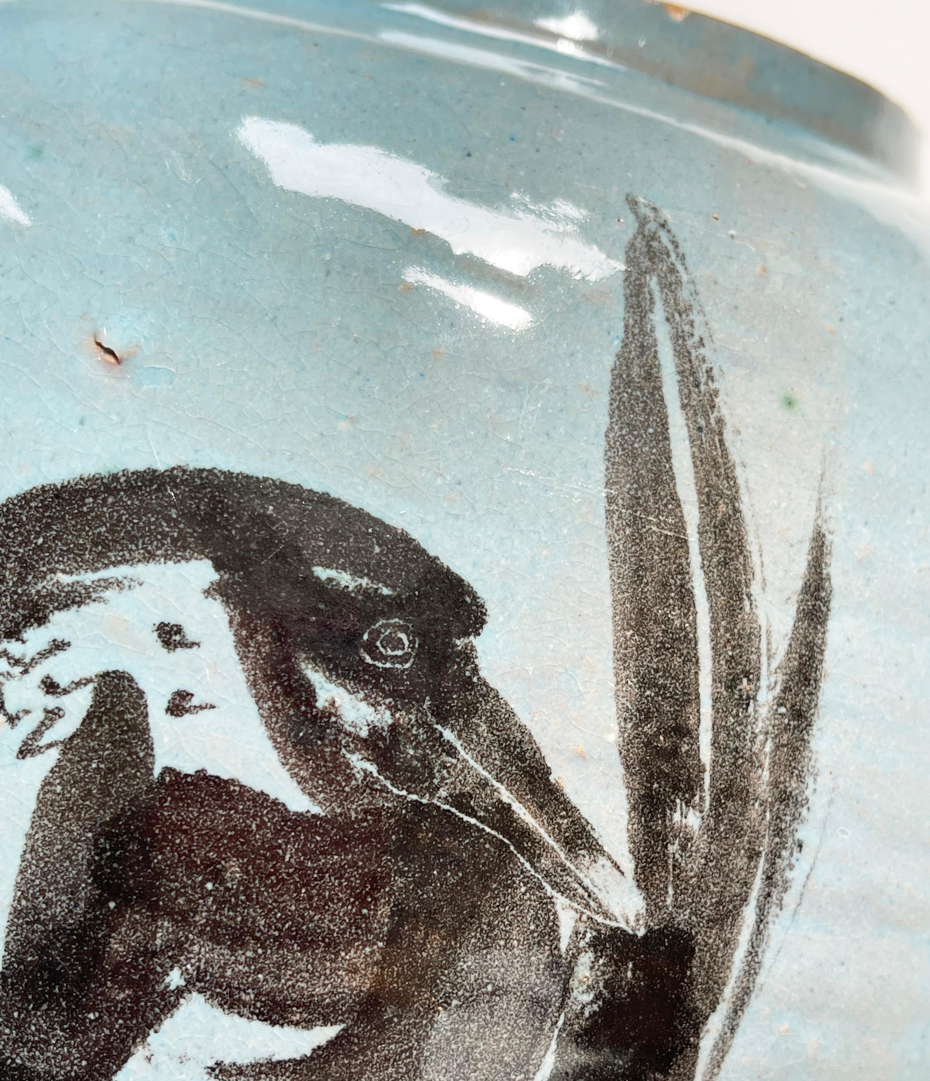 Vase en céramique de Studio A Turquoise & Oiseau au coup de pinceau, probablement Japon, années 1980 Bon état - En vente à Andernach, DE