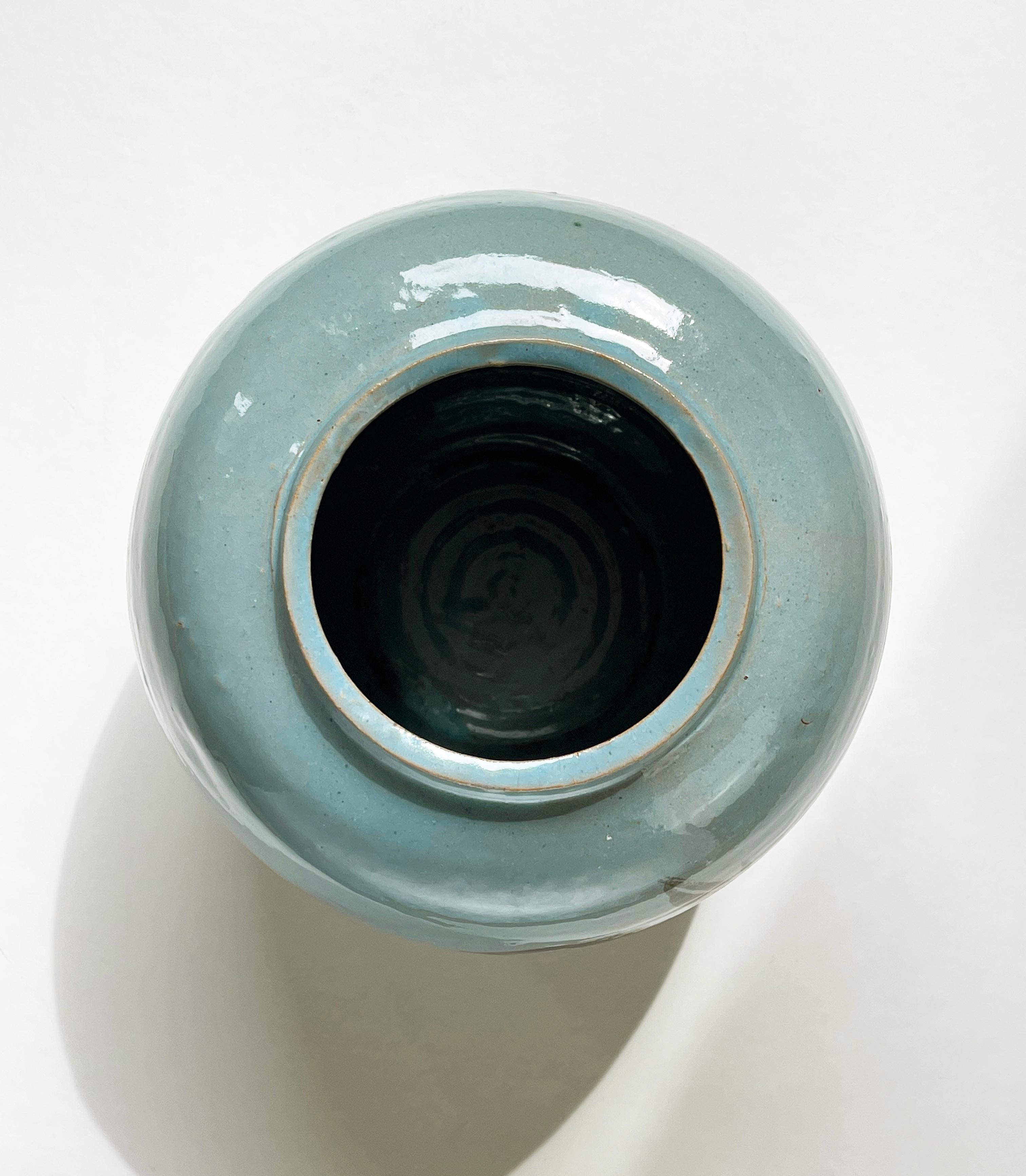 20th Century Studio Art Ceramic Vase Turquoise & Brush Stroke Bird, likely Japan, 1980s For Sale