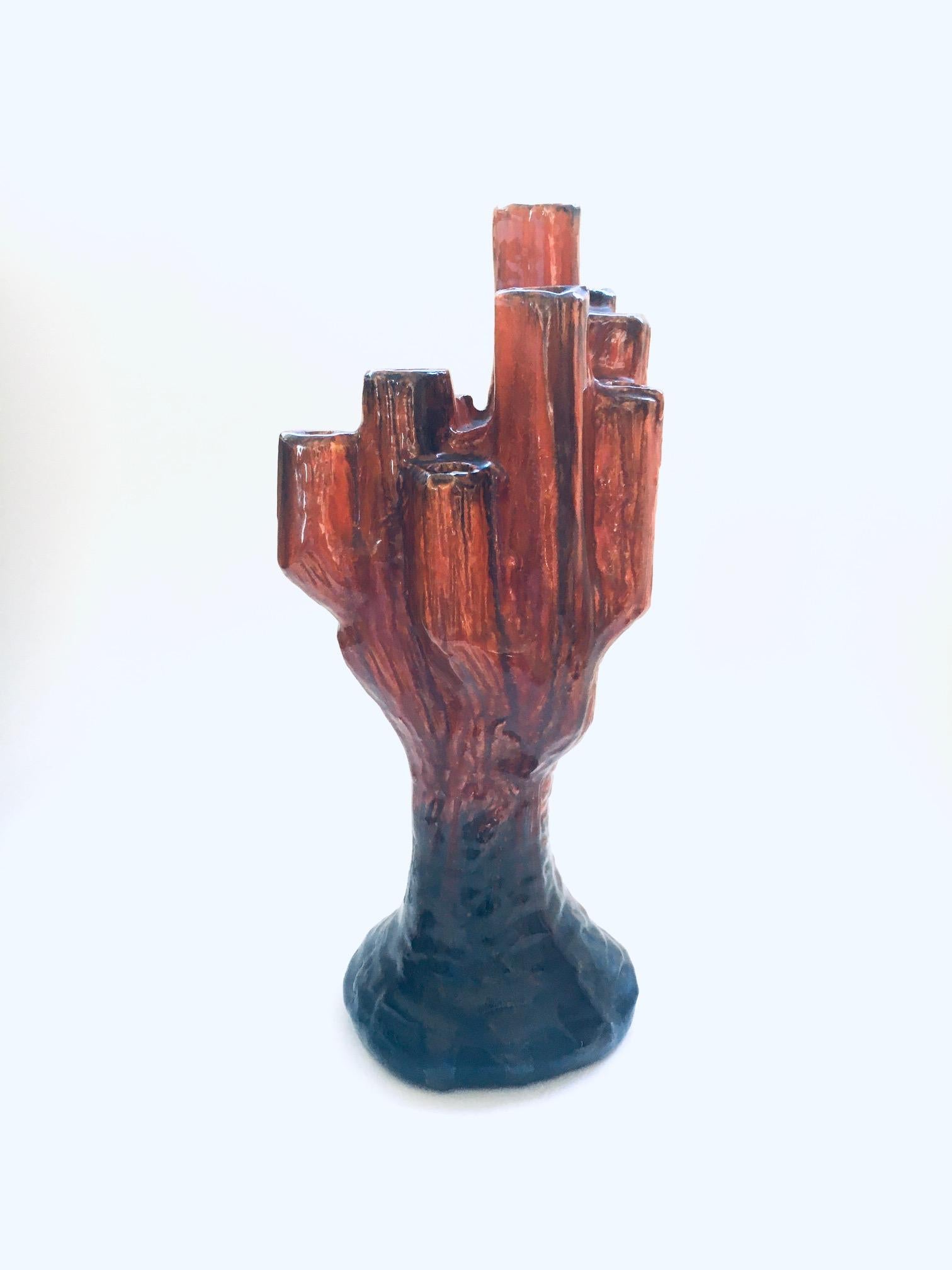 Vintage Midcentury Studio Art Pottery ceramic candle holder cactus shaped art object, signed F.B. Made in the 1960's. Brown and orange glazed ceramic free form object which can be used to hold candles. In very good condition. Measures 30cm x 13,5cm