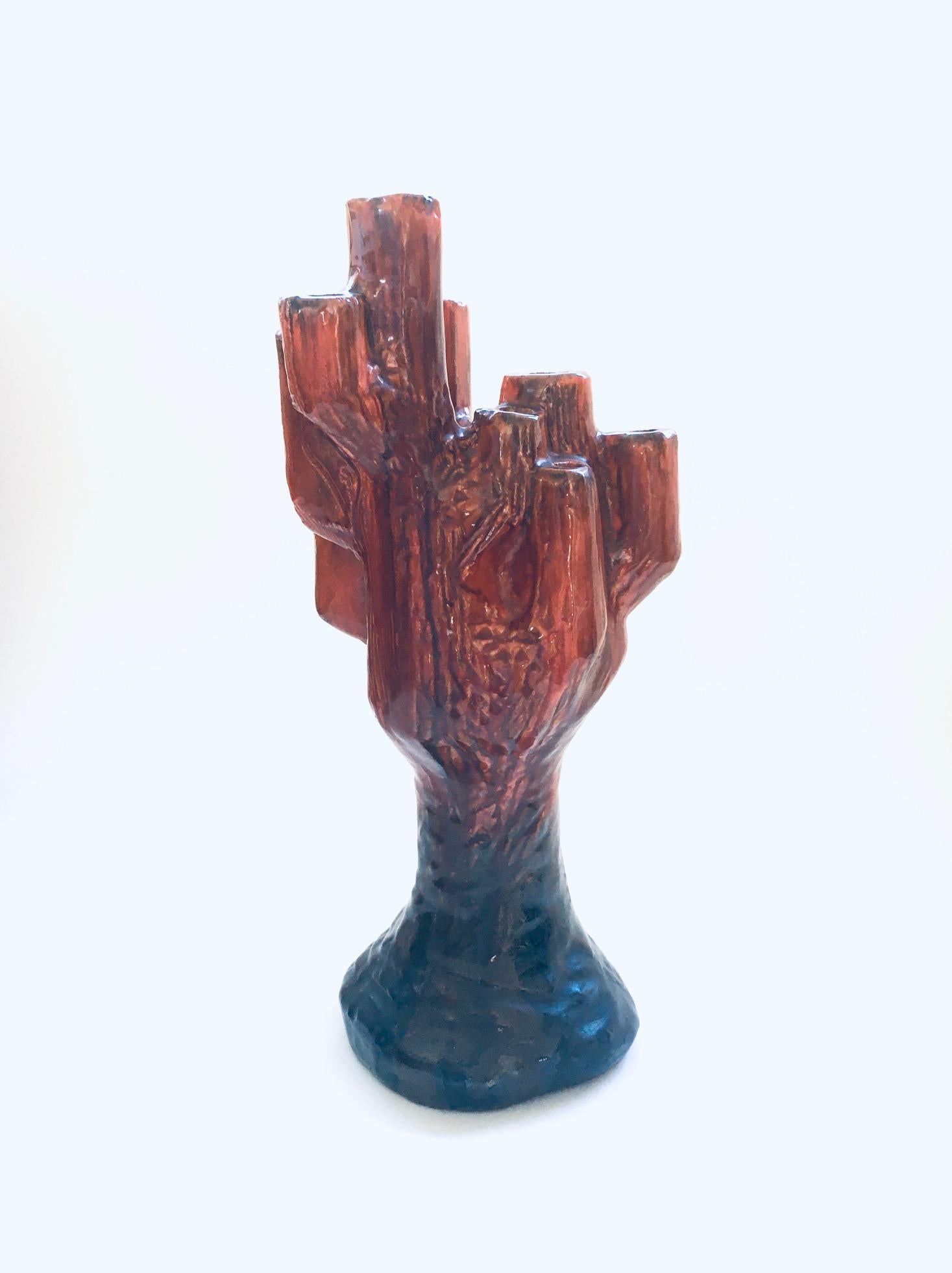 Mid-20th Century Studio Art Pottery Candle Holder Cactus Shaped Ceramic Object, signed F.B. 1960s For Sale