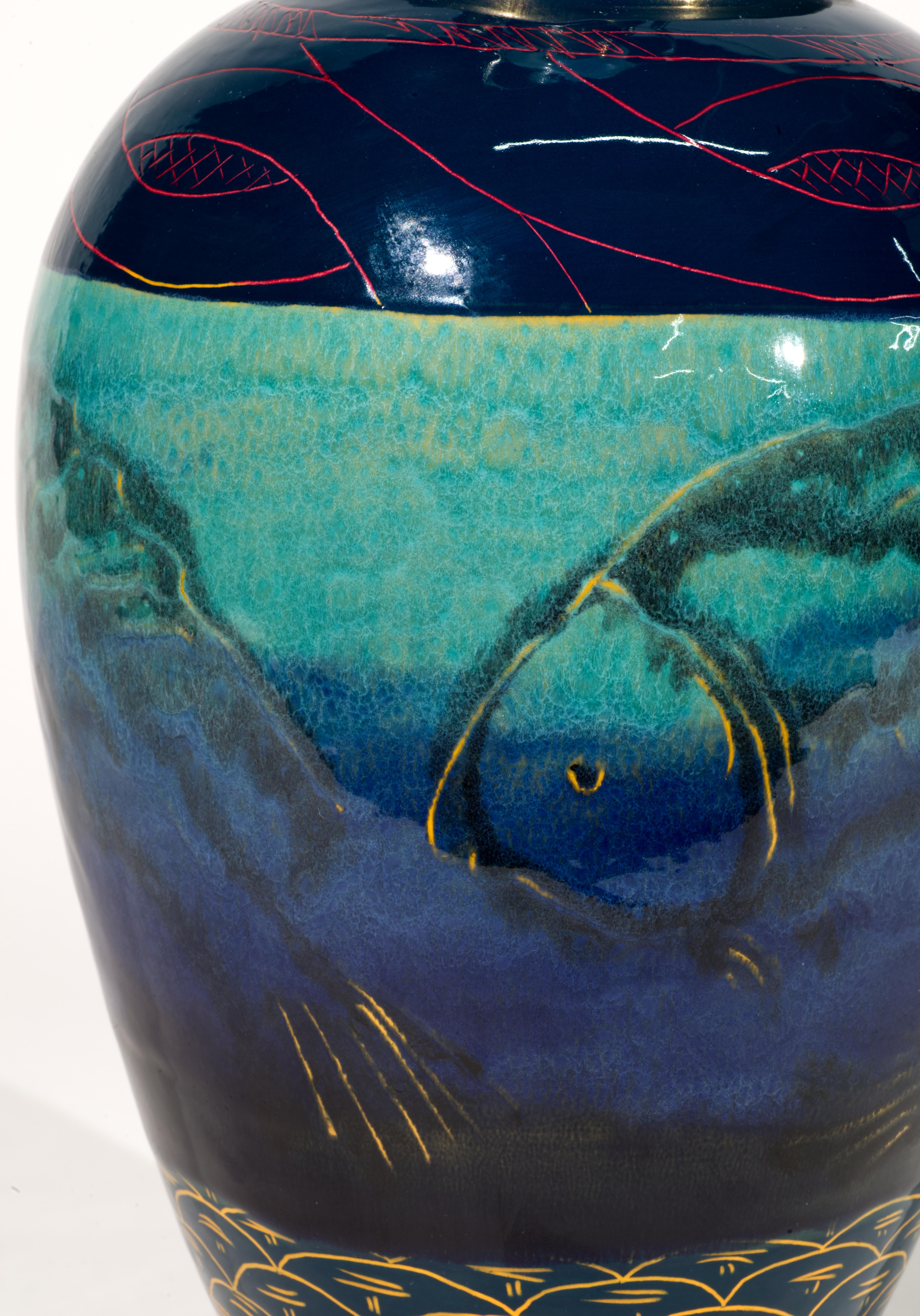 Organic Modern Studio Art Pottery Jar Table Lamp with Sgraffito and Drip Glaze Decor For Sale