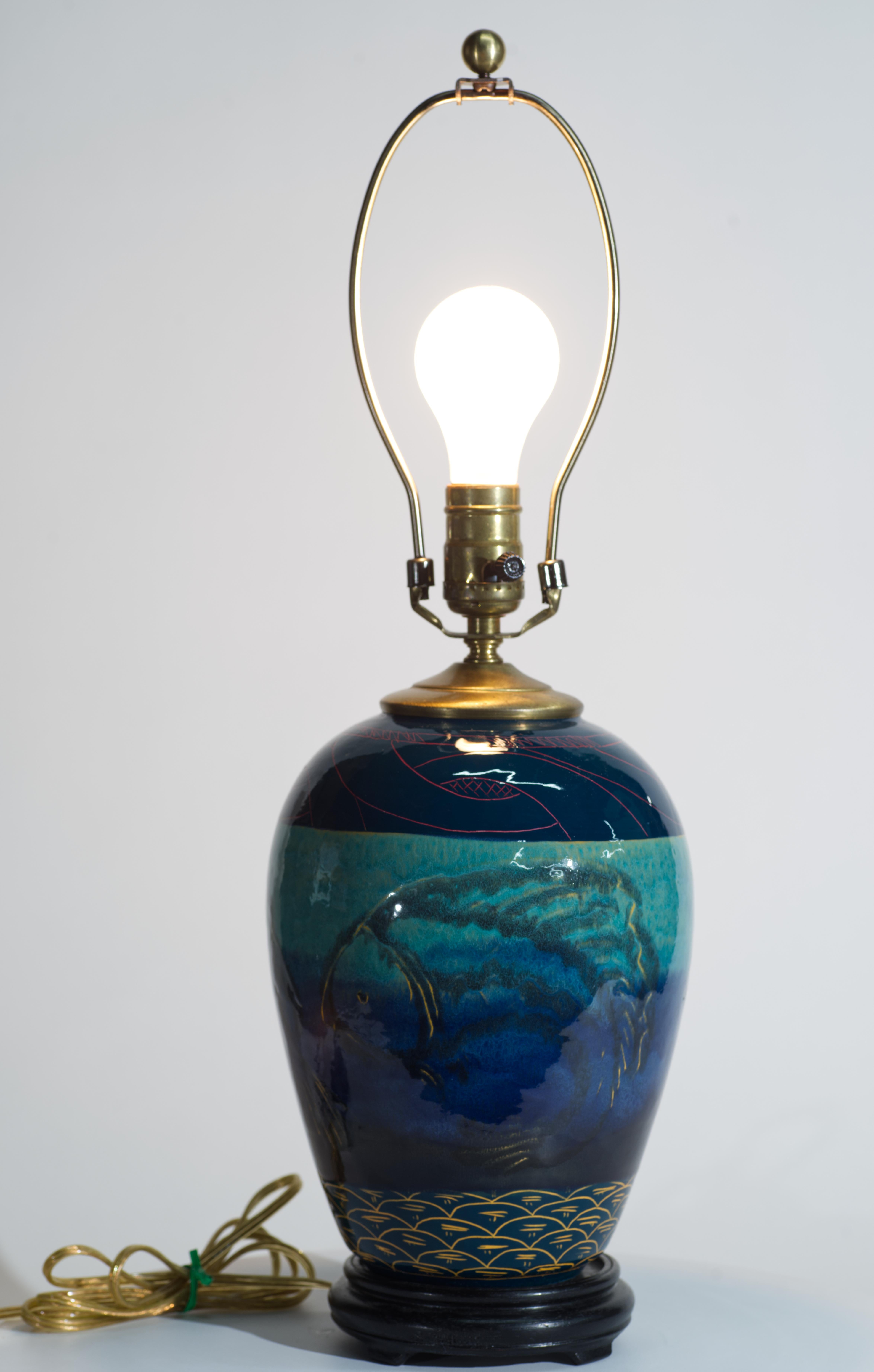 American Studio Art Pottery Jar Table Lamp with Sgraffito and Drip Glaze Decor For Sale