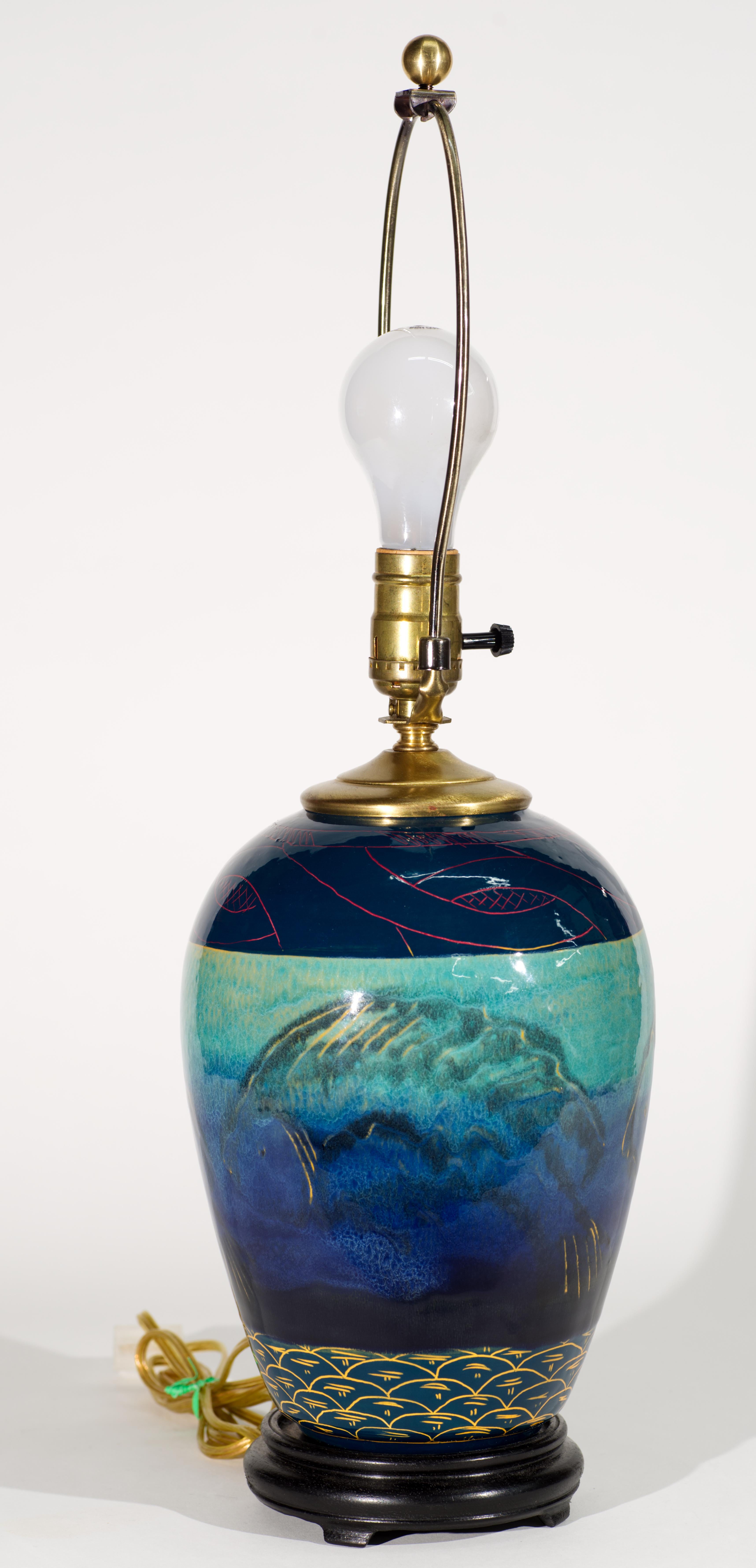 Hand-Painted Studio Art Pottery Jar Table Lamp with Sgraffito and Drip Glaze Decor For Sale