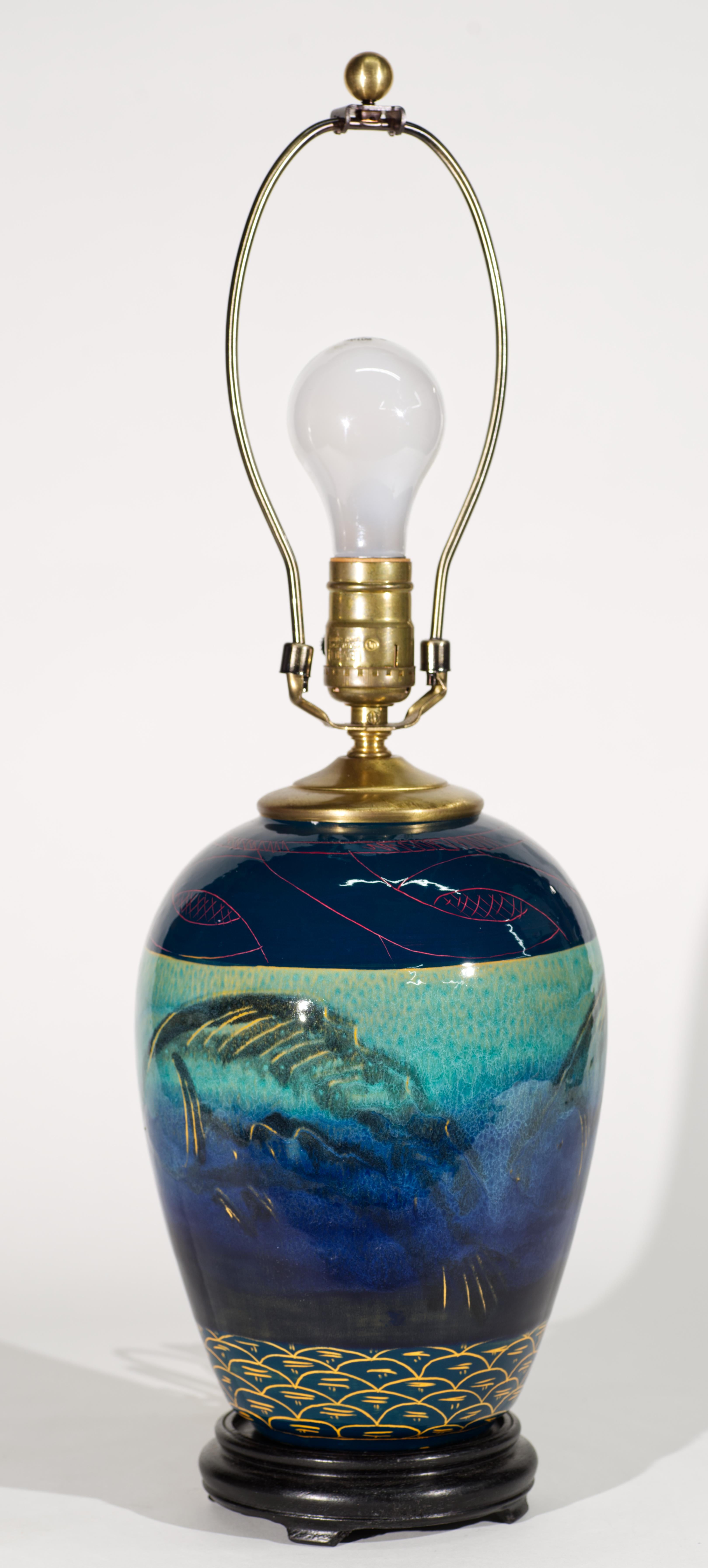 Studio Art Pottery Jar Table Lamp with Sgraffito and Drip Glaze Decor In Good Condition For Sale In Clifton Springs, NY