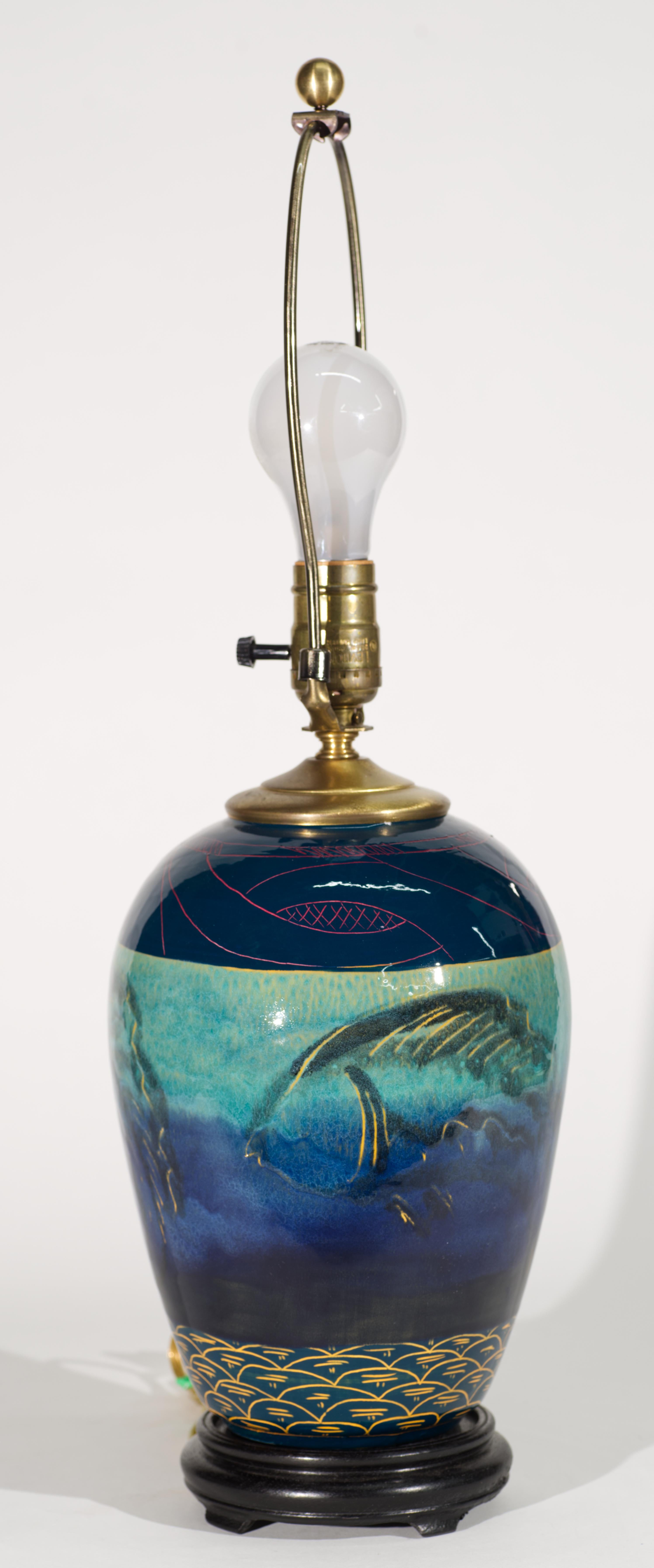 20th Century Studio Art Pottery Jar Table Lamp with Sgraffito and Drip Glaze Decor For Sale