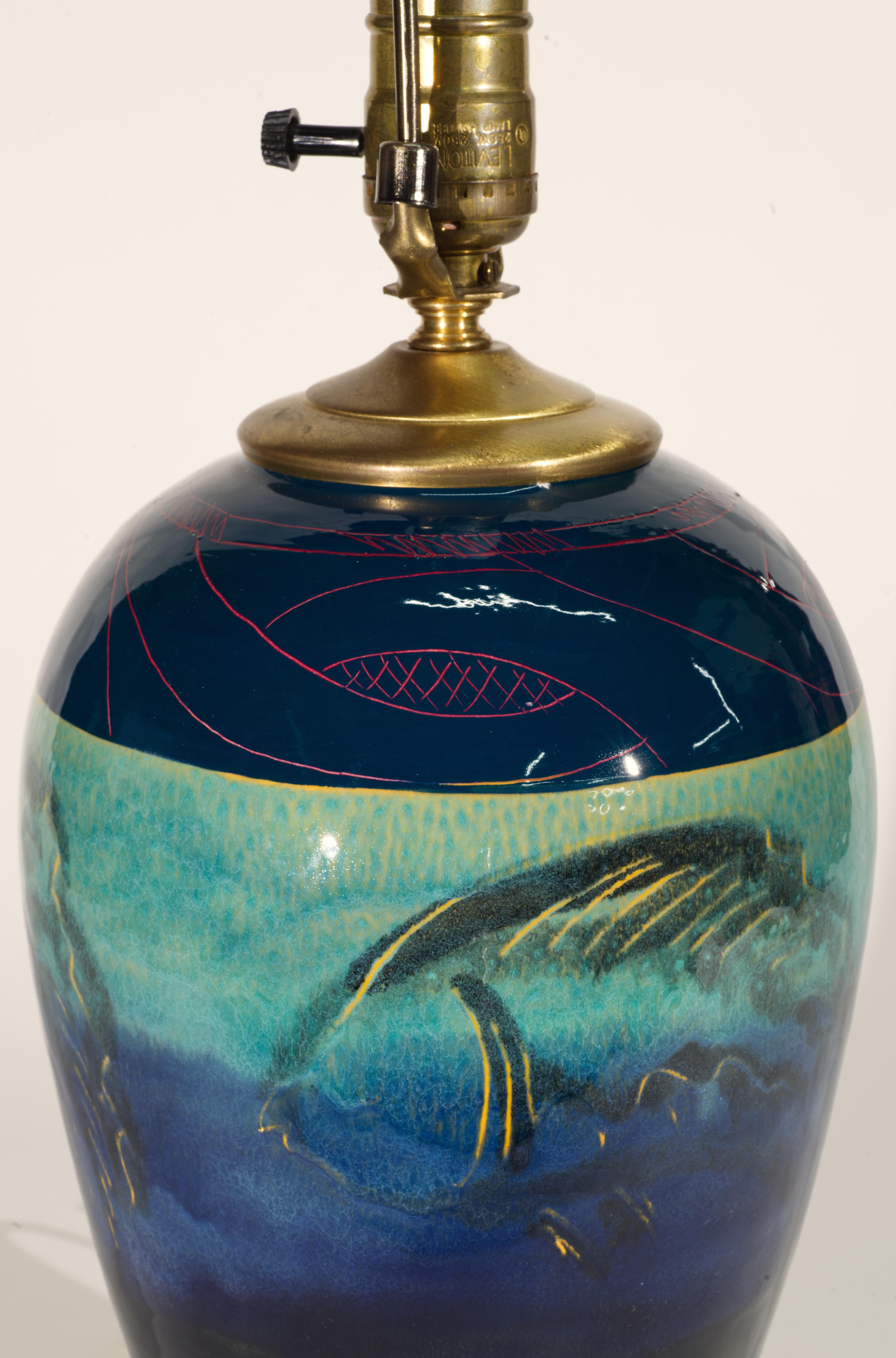 Ceramic Studio Art Pottery Jar Table Lamp with Sgraffito and Drip Glaze Decor For Sale