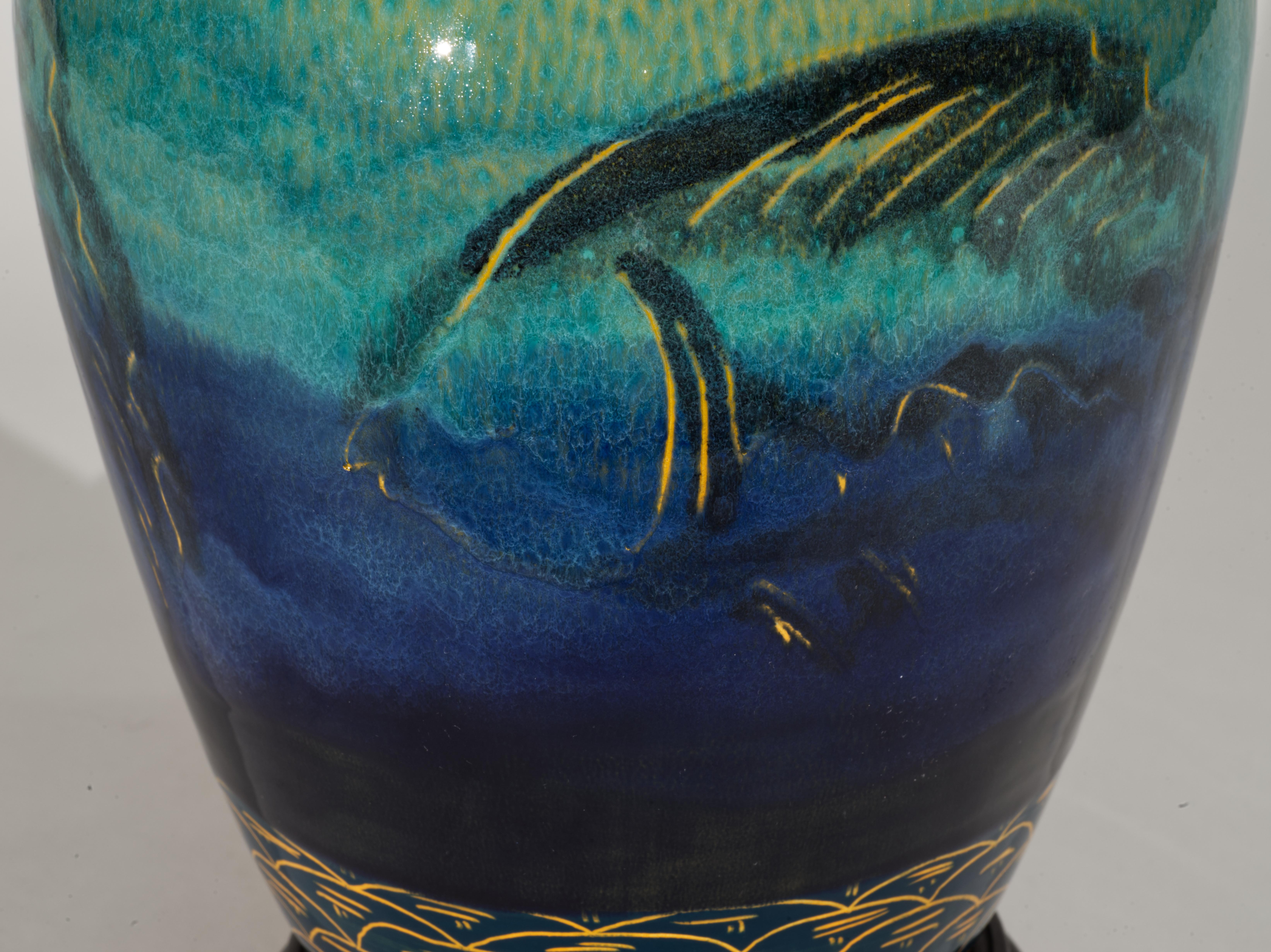 Studio Art Pottery Jar Table Lamp with Sgraffito and Drip Glaze Decor For Sale 1