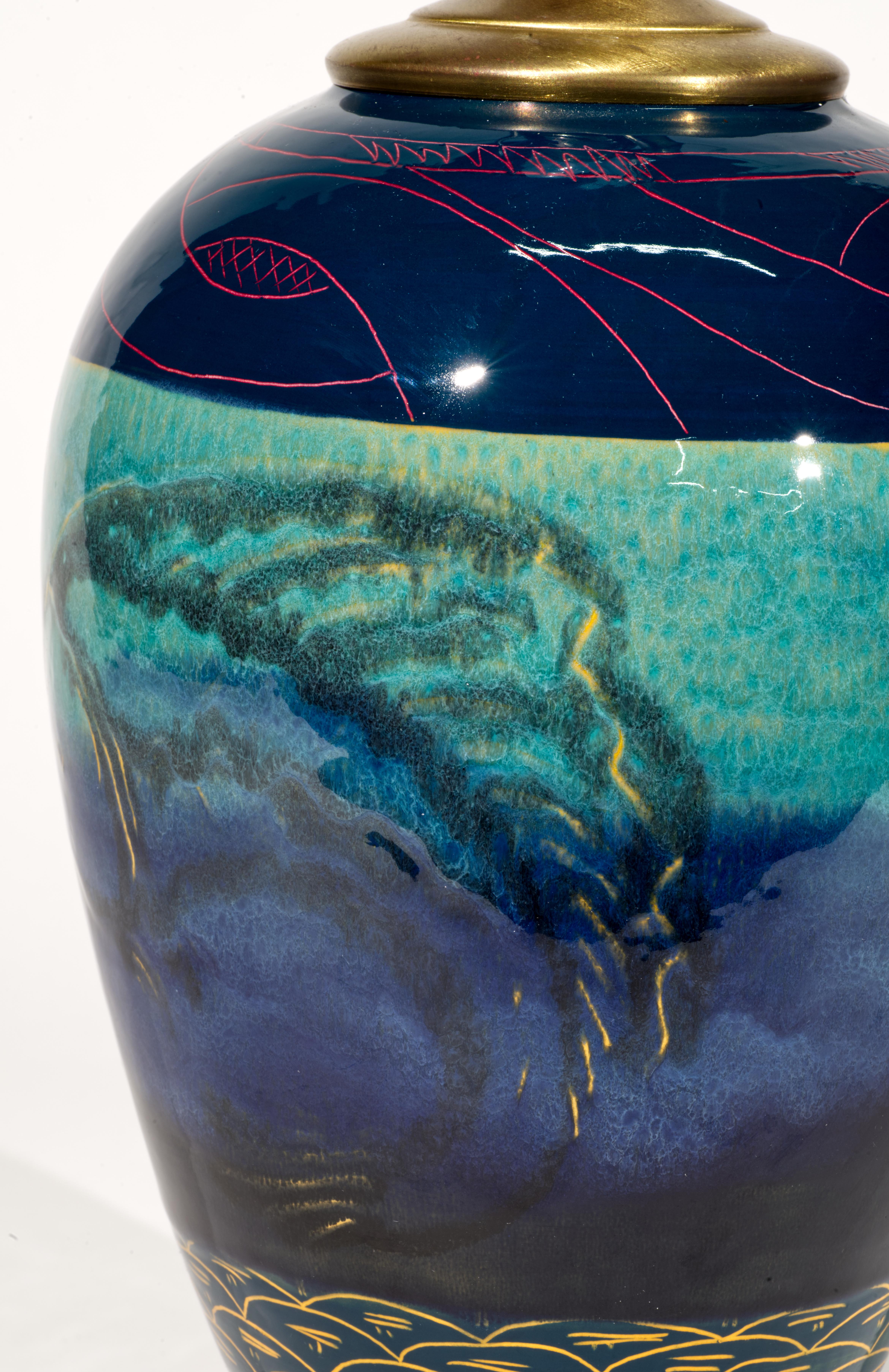 Studio Art Pottery Jar Table Lamp with Sgraffito and Drip Glaze Decor For Sale 2