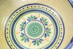 Studio Art Pottery Large Bowl Blue Trim Green Flowers Artist Signed 1982