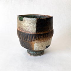Studio Art Pottery Vase, Green, Brown, Tan, Hand-crafted, Postmodern