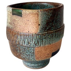 Studio Art Pottery Vase, Green, Brown, Tan, Hand-crafted, Postmodern