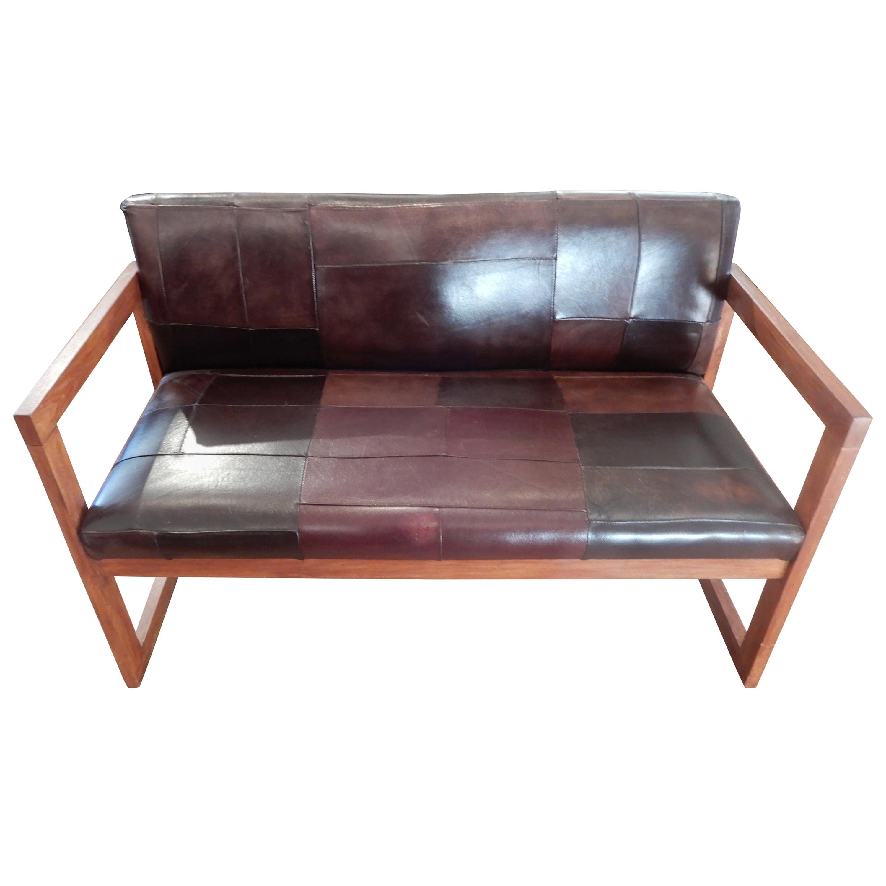 Studio Arts 
Crafts Style Patch Work Leather Bench, Settee, 1980s