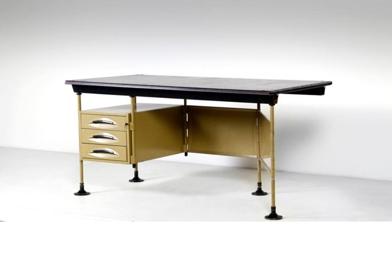 Arco office desk or writing desk with a painted with a structure in painted metal and laminated wood, tabletop covered in leather and plastic details, designed by Studio BBPR (Gian Luigi Banfi, Lodovico Barbiano di Belgiojoso, Enrico Peressutti and
