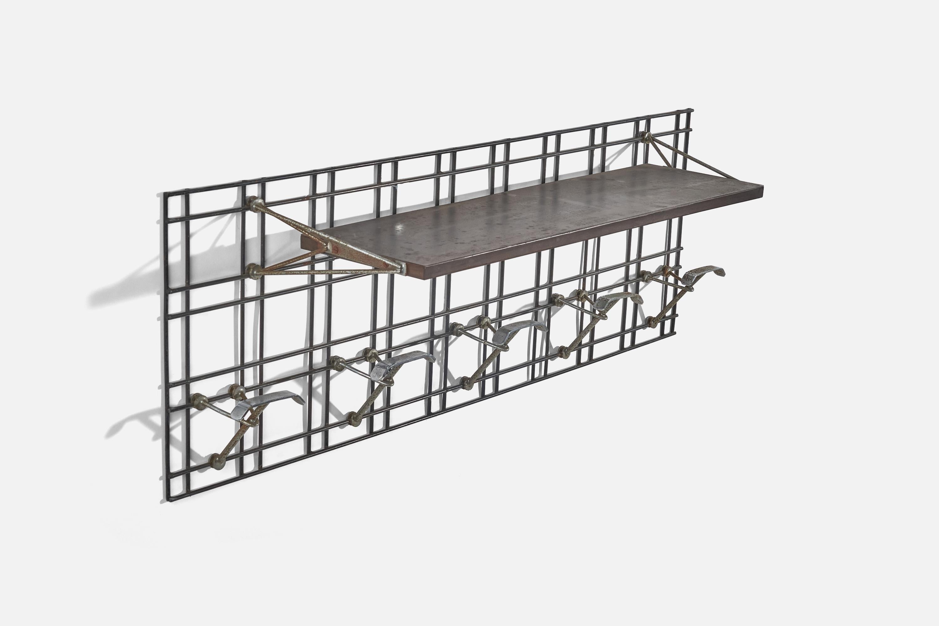 Studio BBPR 'Attribution' Coat Rack with Shelf, Metal, Walnut, Italy, 1950s In Good Condition For Sale In High Point, NC