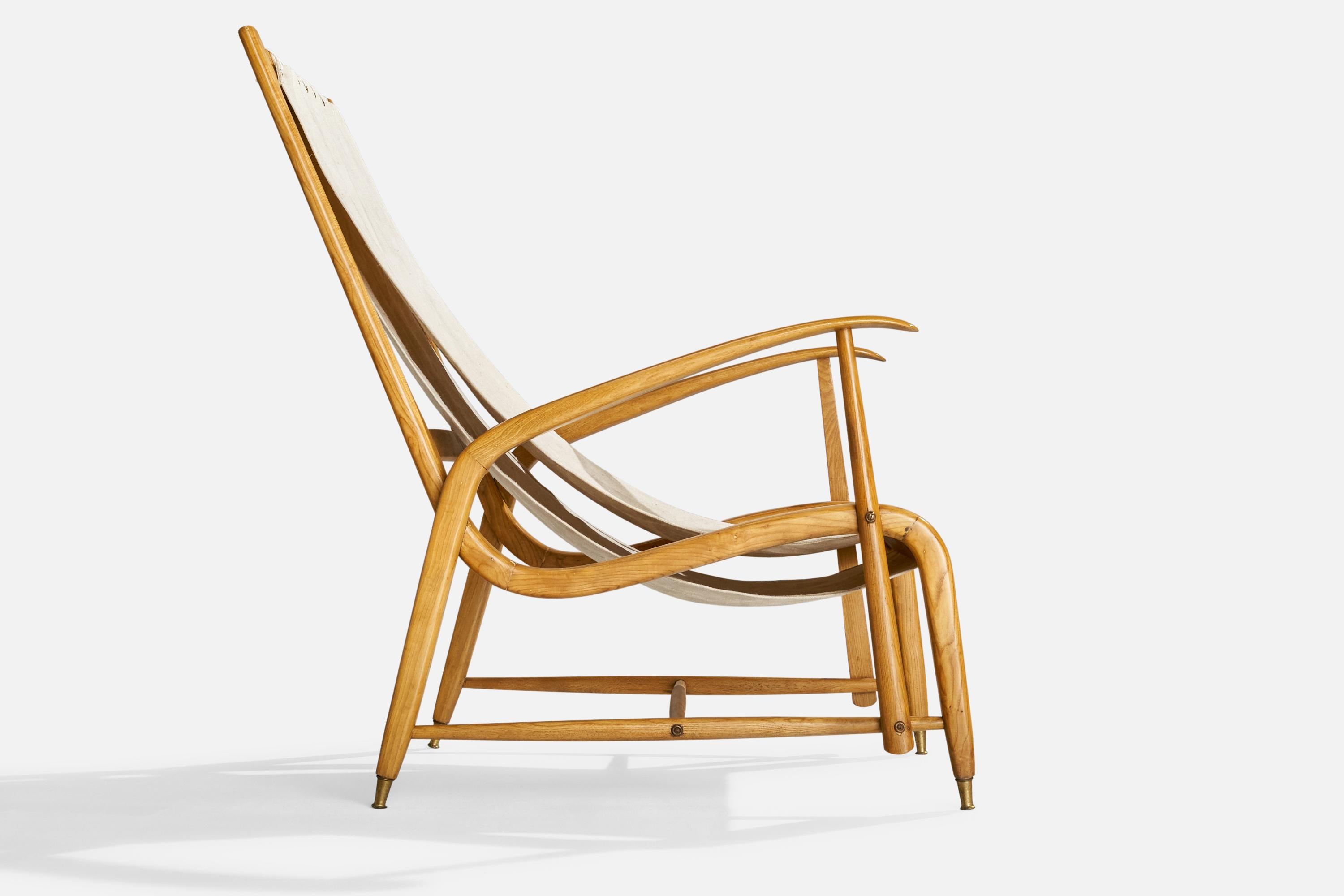Studio BBPR Attribution, Lounge Chairs, Oak, Brass, Canvas, Italy, 1950s For Sale 4