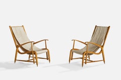 Studio BBPR Attribution, Lounge Chairs, Oak, Brass, Canvas, Italy, 1950s