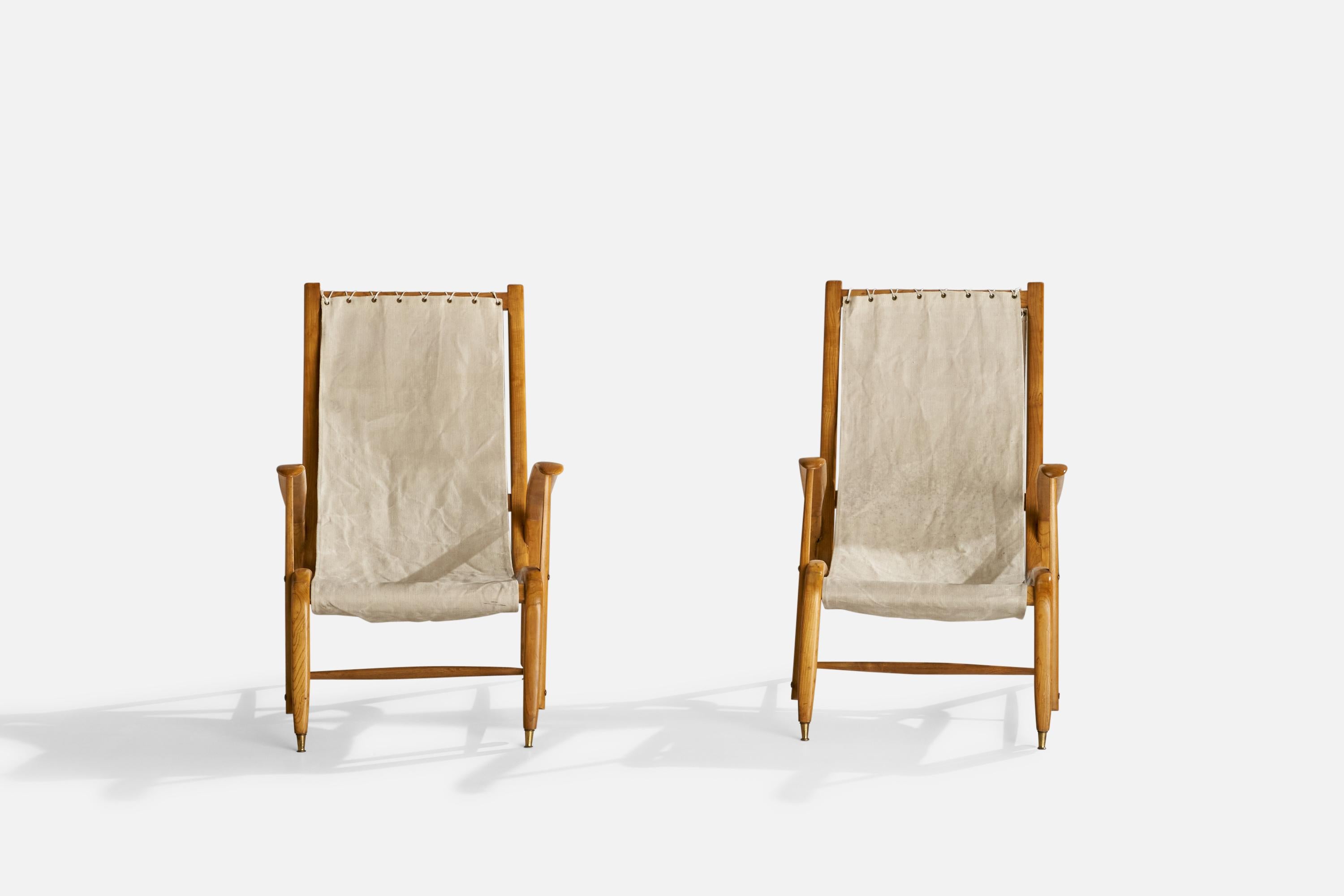 Studio BBPR Attribution, Lounge Chairs, Oak, Brass, Canvas, Italy, 1950s For Sale 1