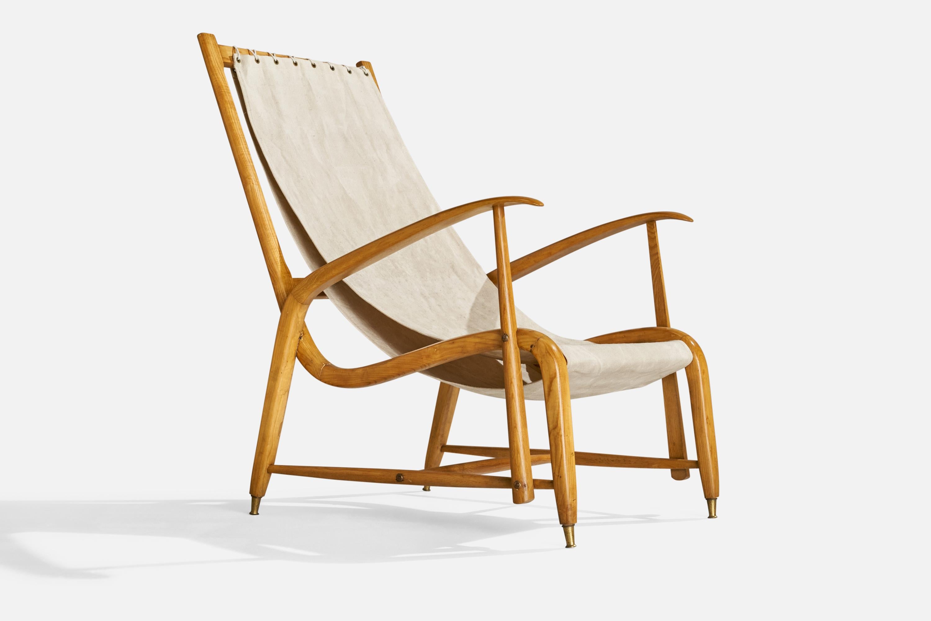 Studio BBPR Attribution, Lounge Chairs, Oak, Brass, Canvas, Italy, 1950s For Sale 2