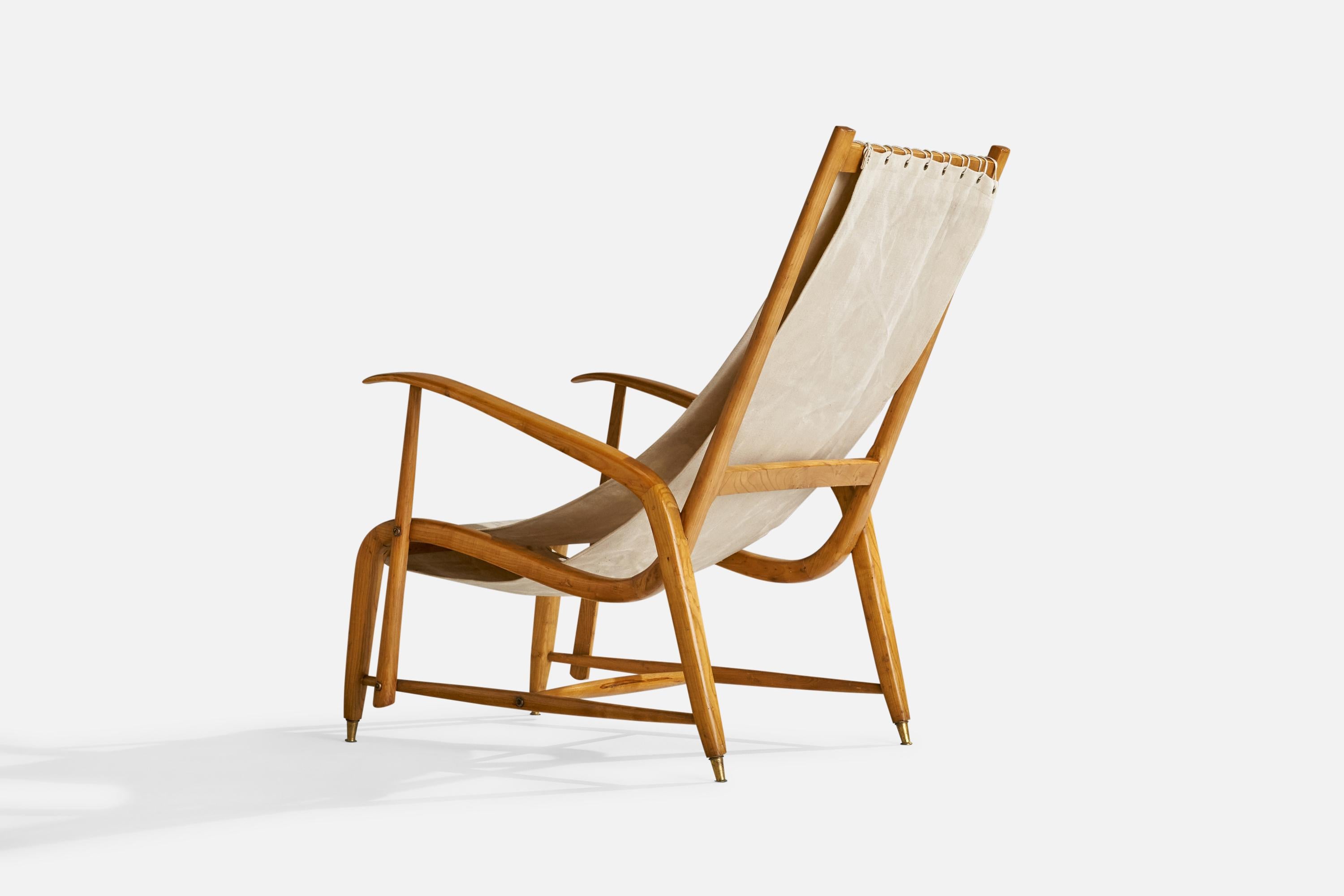 Studio BBPR Attribution, Lounge Chairs, Oak, Brass, Canvas, Italy, 1950s For Sale 3