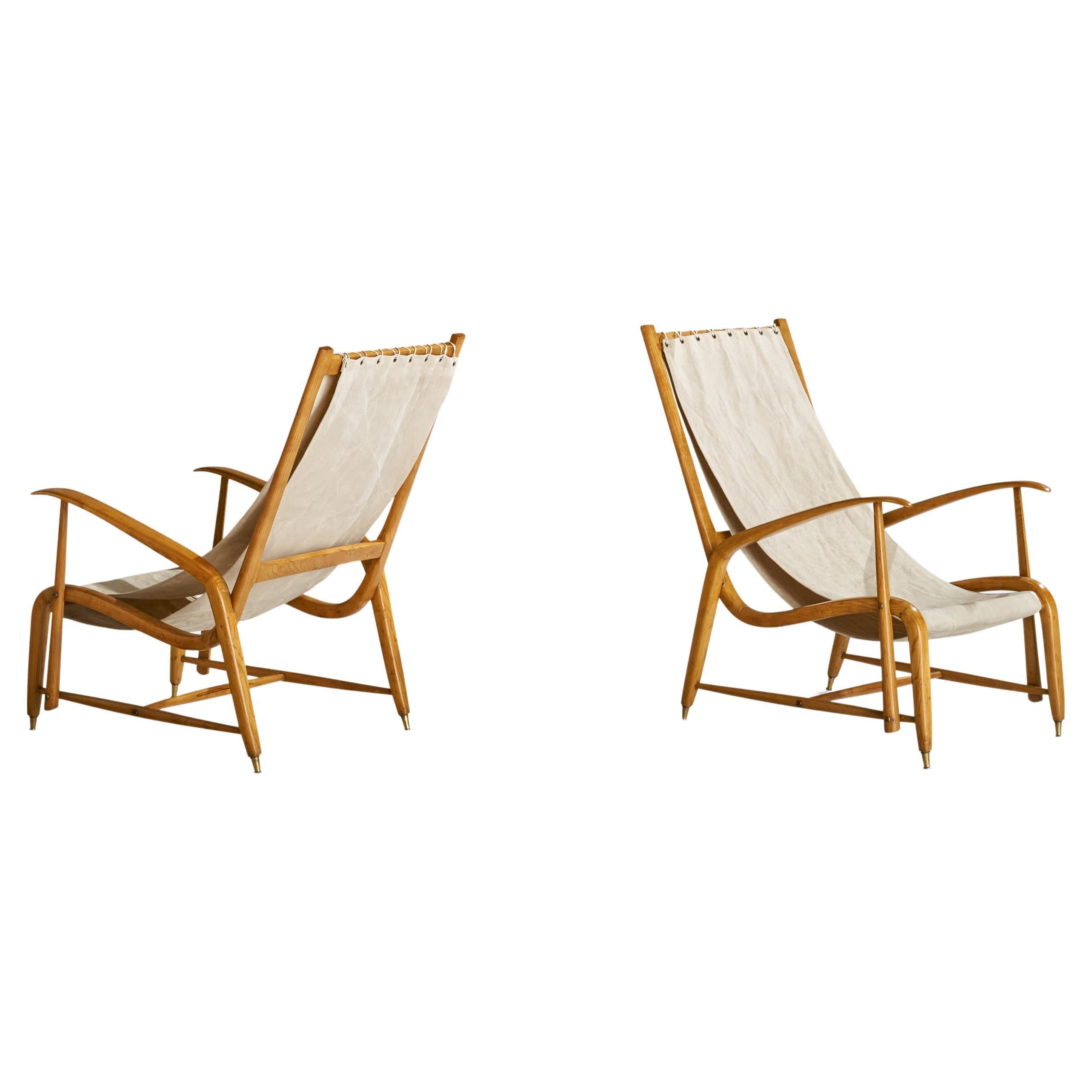 Studio BBPR Attribution, Lounge Chairs, Oak, Brass, Canvas, Italy, 1950s For Sale