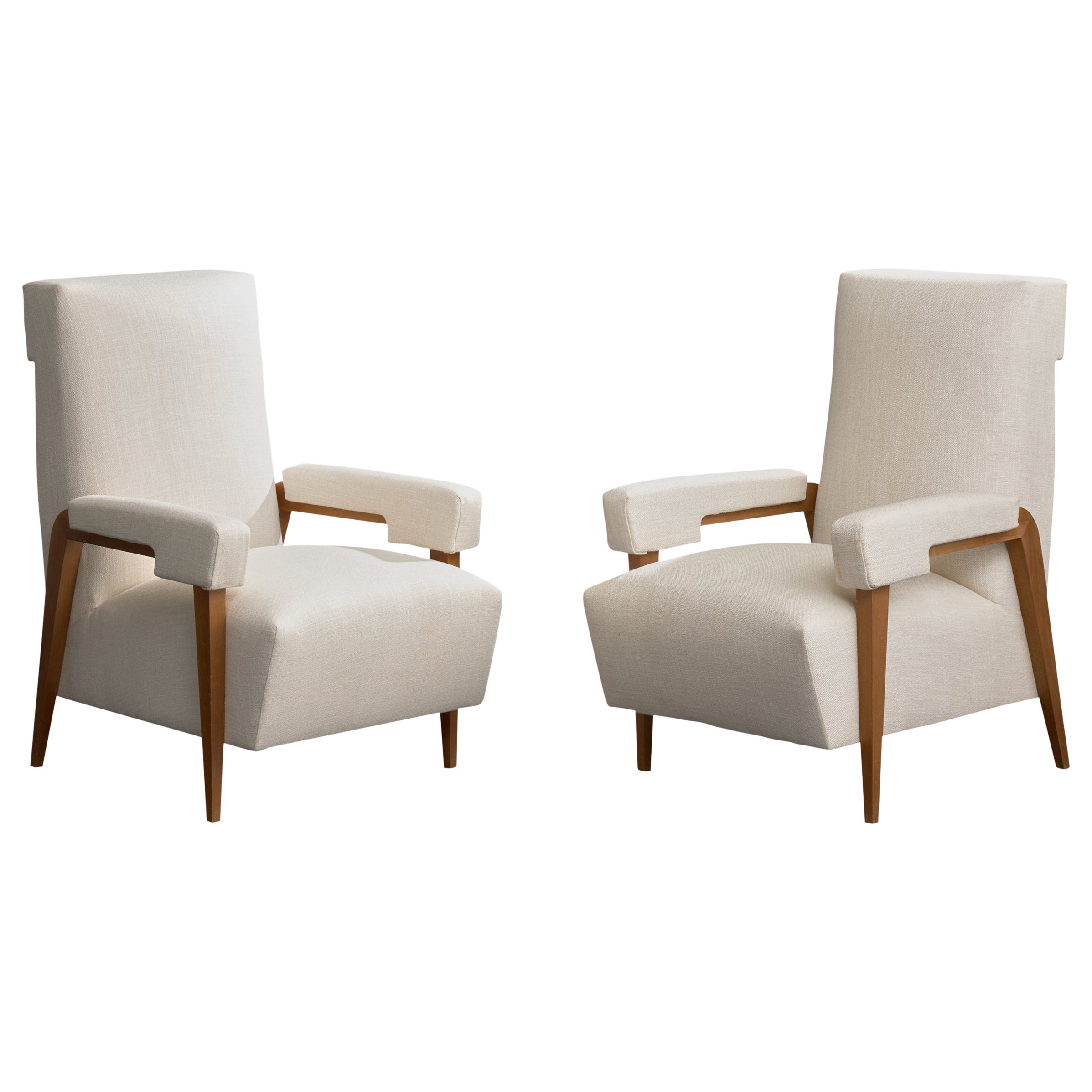 Studio BBPR Attribution, Lounge Chairs, Wood, Fabric, Italy, 1950s For Sale