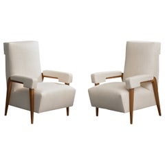 Studio BBPR Attribution, Lounge Chairs, Wood, Fabric, Italy, 1950s