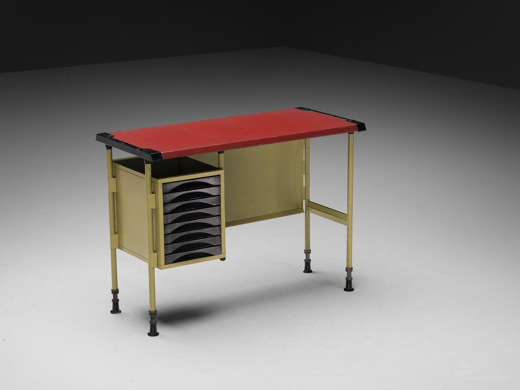 Studio BBPR for Olivetti, 'Spazio' desk with drawers, steel, vinyl, plastic, Italy, design 1959/60, production 1960s 

In 1954, Olivetti, the Italian office equipment manufacturer, hired BBPR to design their New York showroom on Fifth Avenue and to