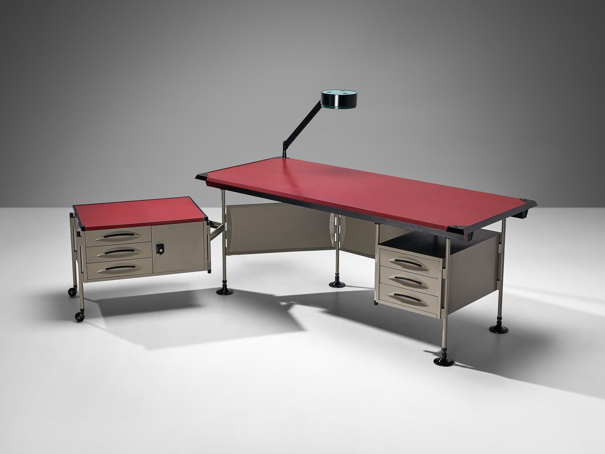 Studio BBPR for Olivetti, 'Spazio' corner/writing desk, coated steel, plastic, vinyl, Italy, design 1959/60, production 1960s.

In 1954, Olivetti, the Italian office equipment manufacturer, hired BBPR to design their New York showroom on Fifth