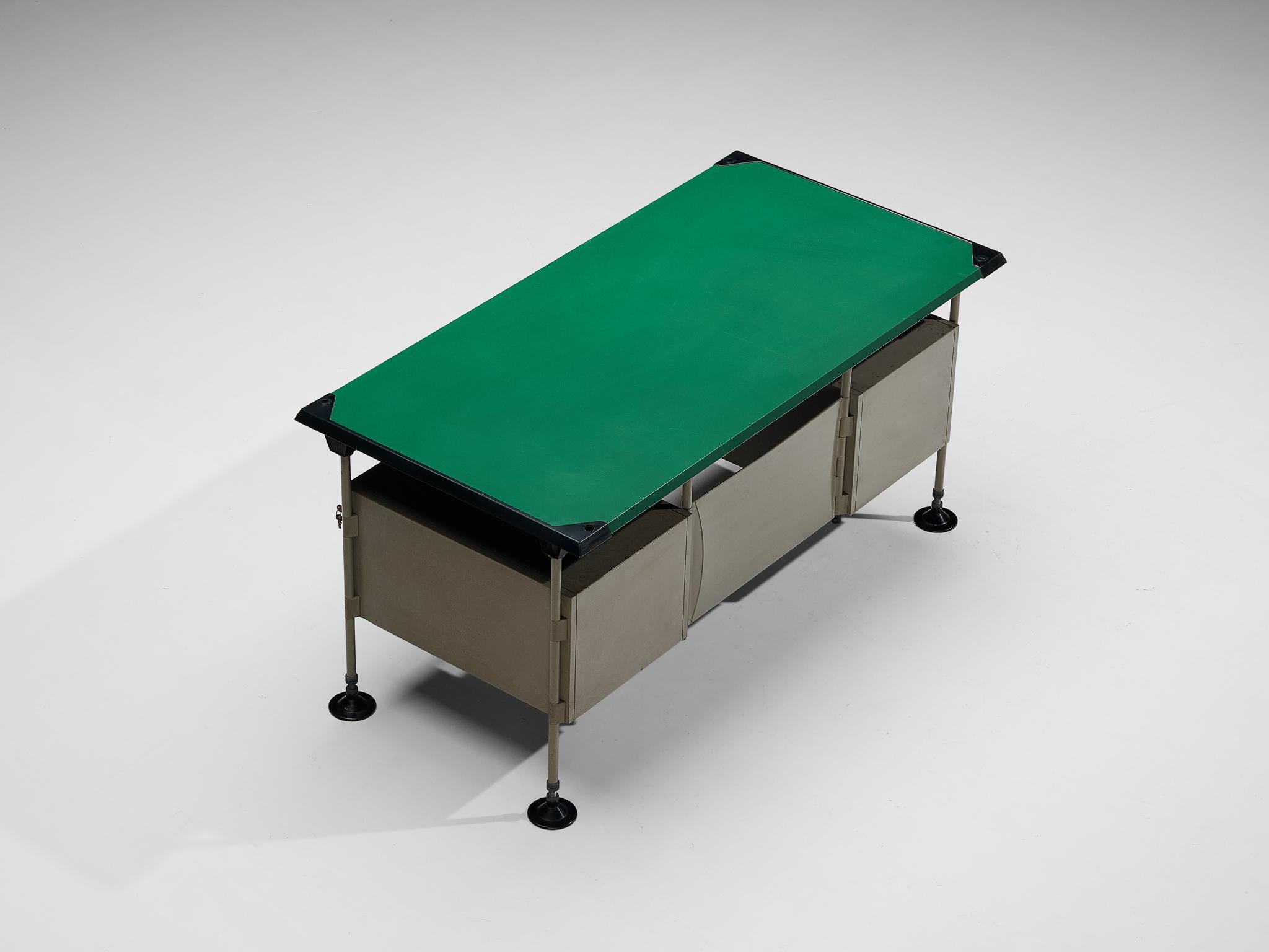 Studio BBPR for Olivetti, 'Spazio' writing desk, coated steel, plastic, vinyl, Italy, design 1959/60, production 1960s 

In 1954, Olivetti, the Italian office equipment manufacturer, hired BBPR to design their New York showroom on Fifth Avenue and