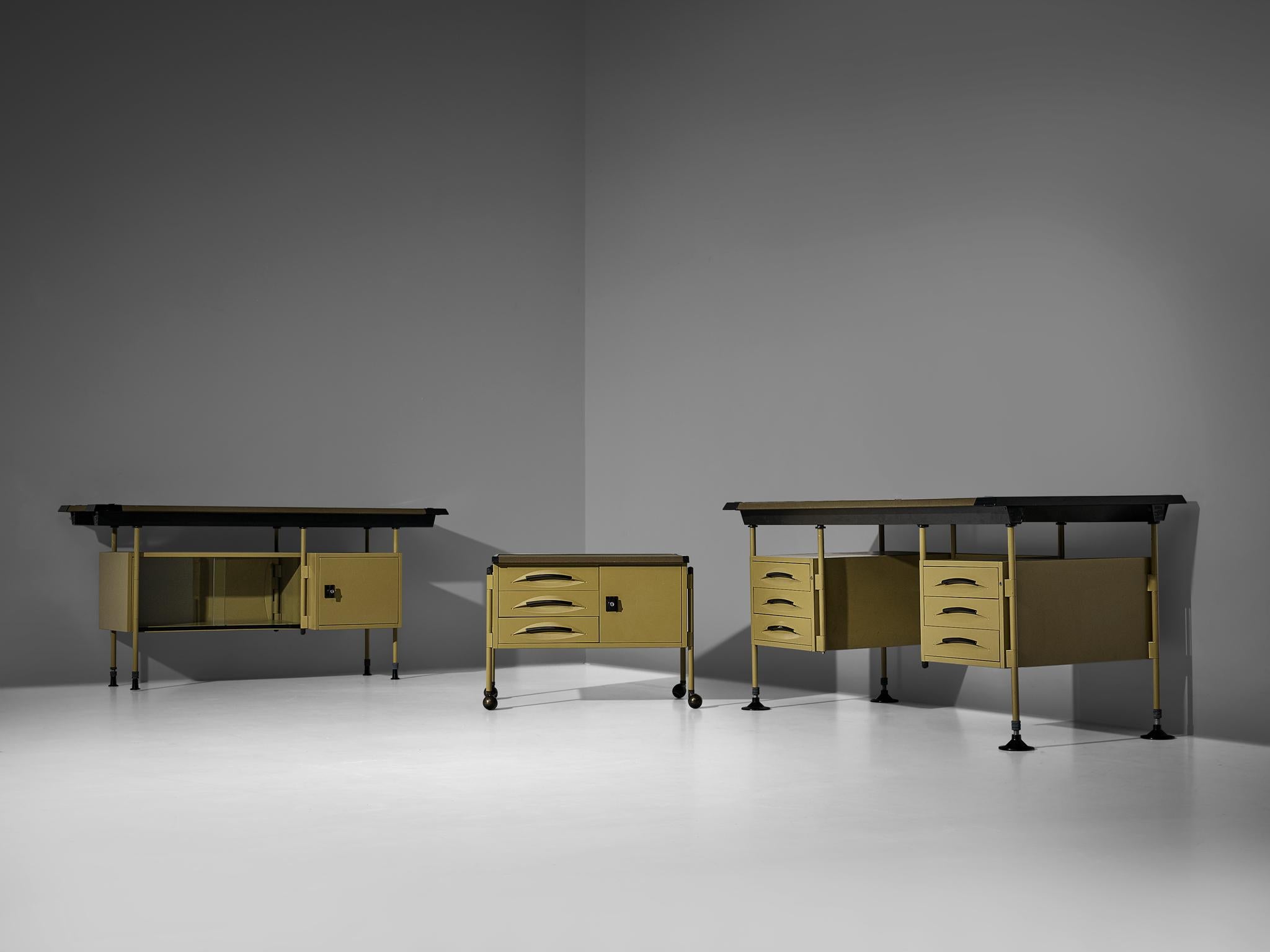 Studio BBPR for Olivetti, 'Spazio' desk with drawers, steel, vinyl, plastic, Italy, ca. 1960 

This industrial 'Spazio' desk features two compartments of drawers. An olive green vinyl tabletop combines wonderfully with the metal base in soft