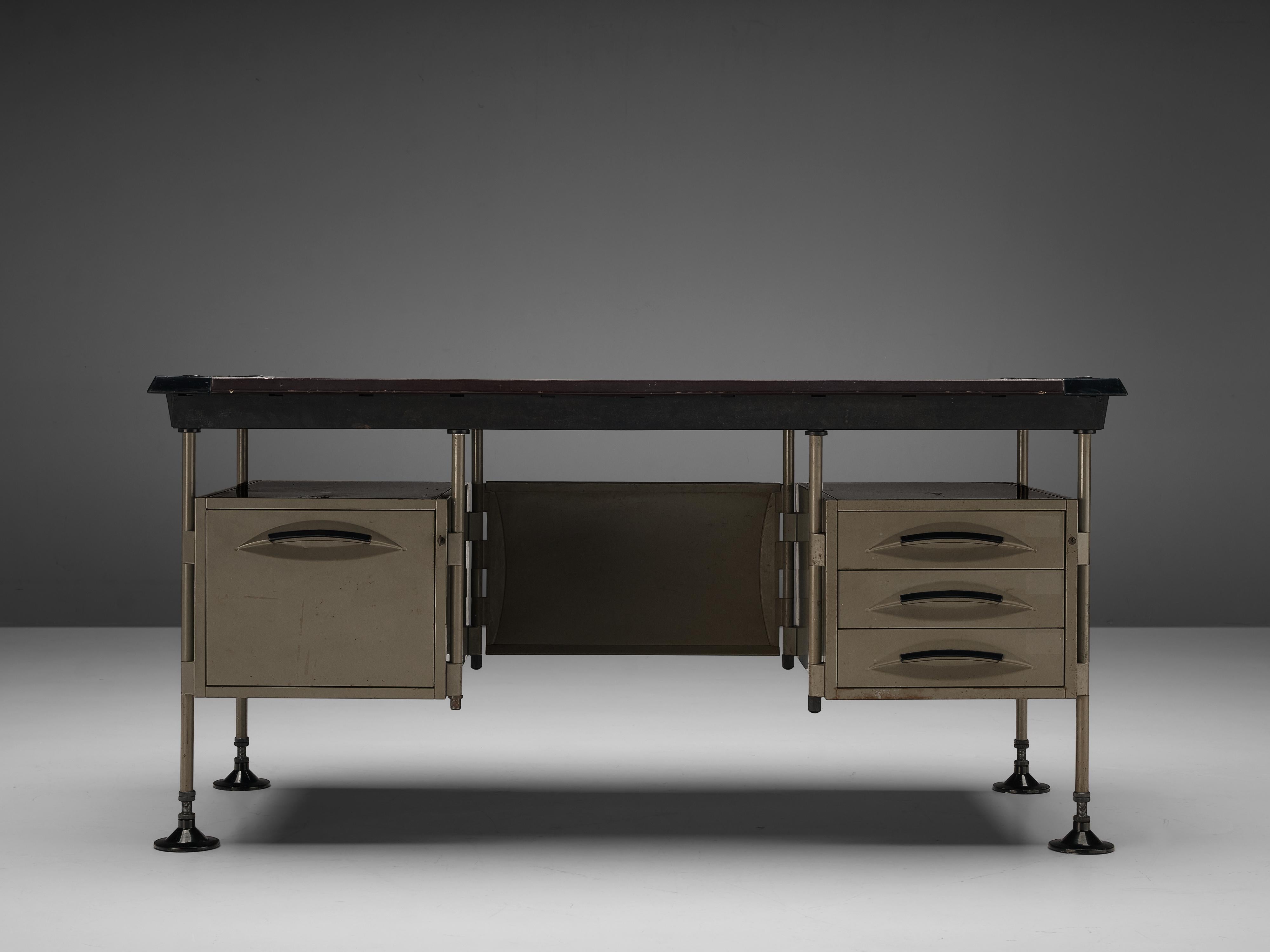 Studio BBPR for Olivetti, 'Spazio' desk with drawers, steel, vinyl, plastic, Italy, ca. 1960 

The desk features two compartments of drawers. A purple vinyl tabletop combines wonderfully with the metal base in soft green/grey colored metal. The legs