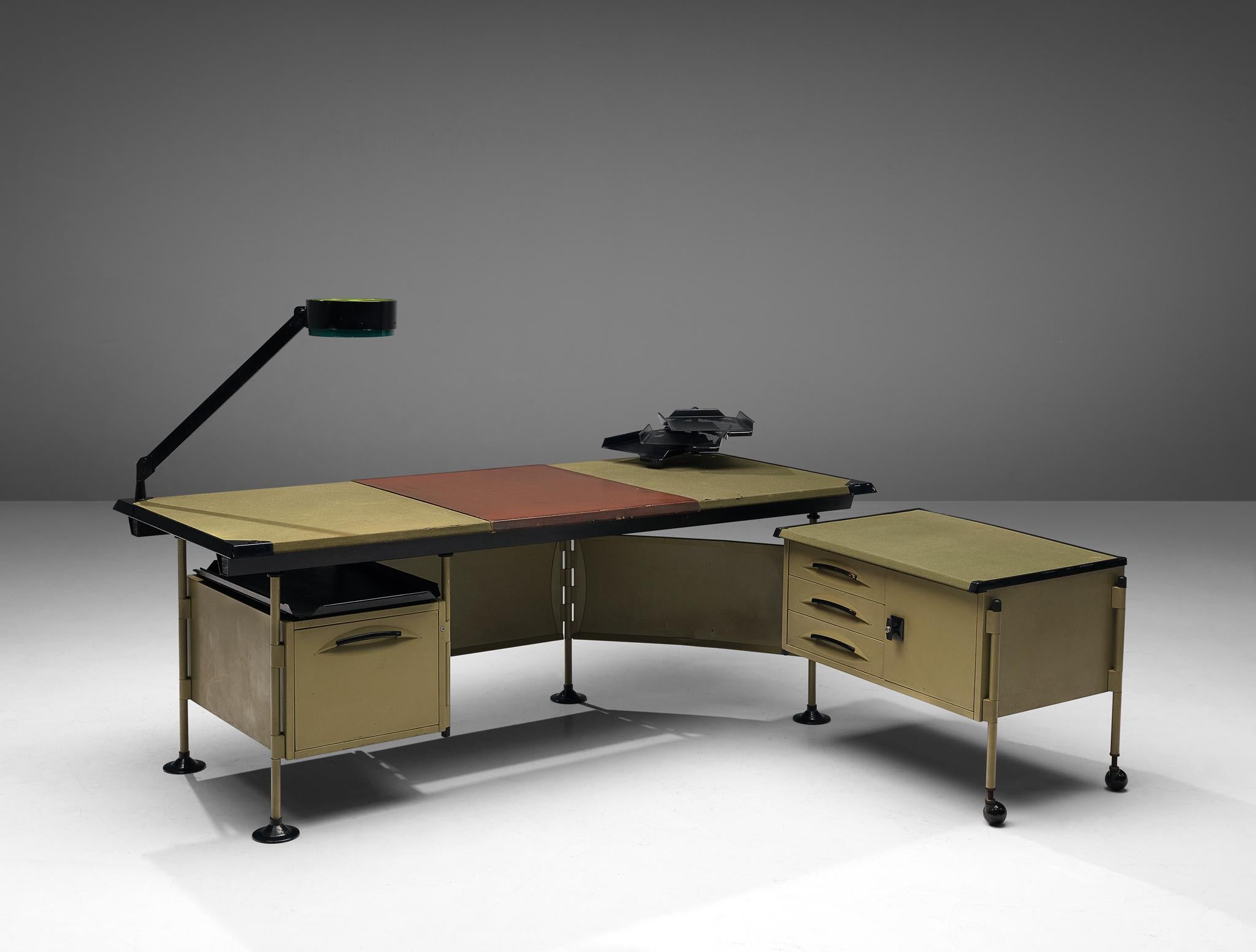 Studio BBPR for Olivetti, 'Spazio' desk with lamp, metal, vinyl, plastic, Italy, ca. 1960 

The 'Spazio' series was designed by Studio BBPR for Olivetti in 1960. It won the Compasso d'Oro Award in 1962. Today the desk of the 'Spazio' series is