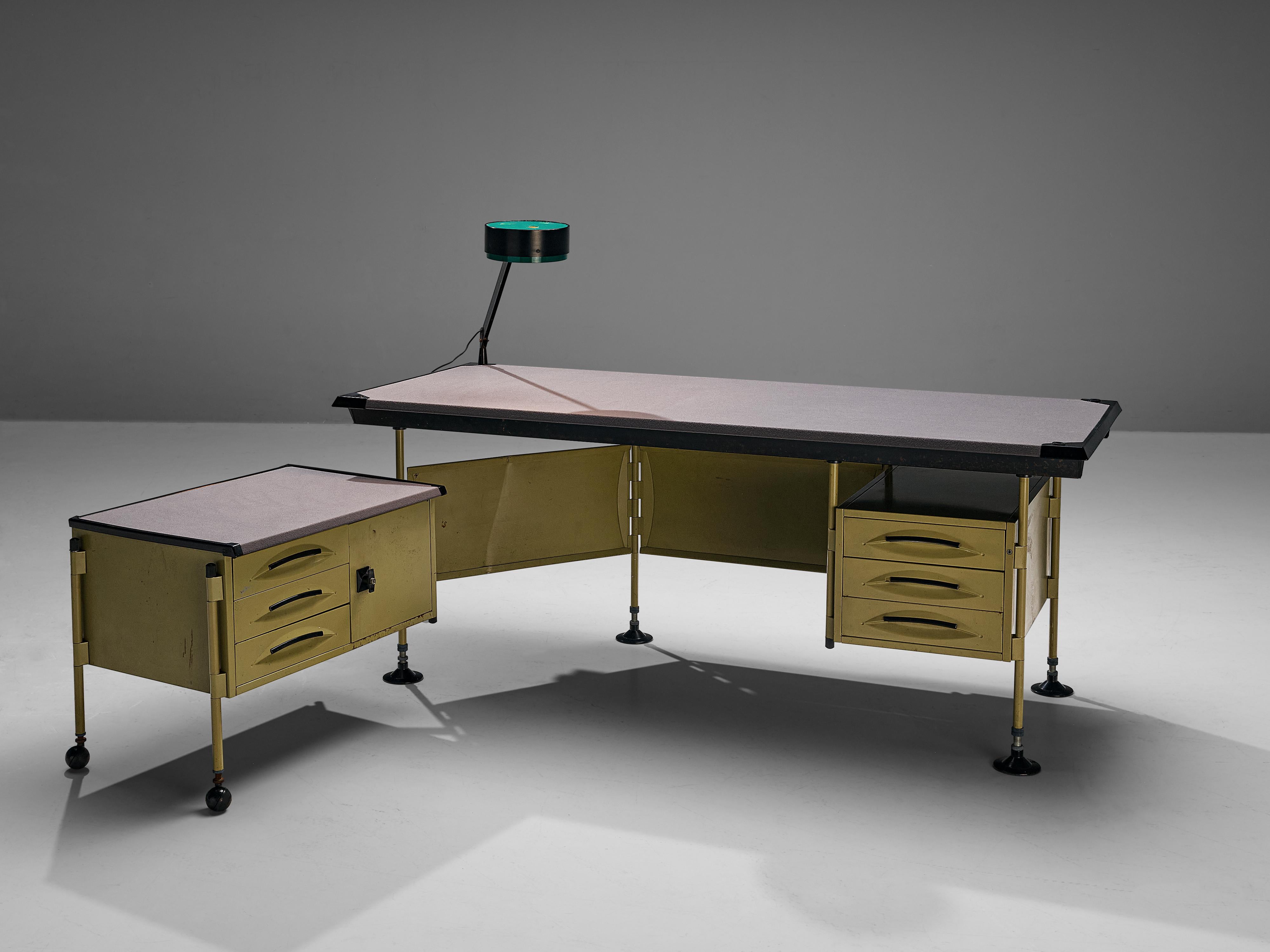 Studio BBPR for Olivetti, 'Spazio' desk with lamp, metal, vinyl, plastic, Italy, ca. 1960

The 'Spazio' series was designed by Studio BBPR for Olivetti in 1960. It won the Compasso d'Oro Award in 1962. Today the desk of the 'Spazio' series is