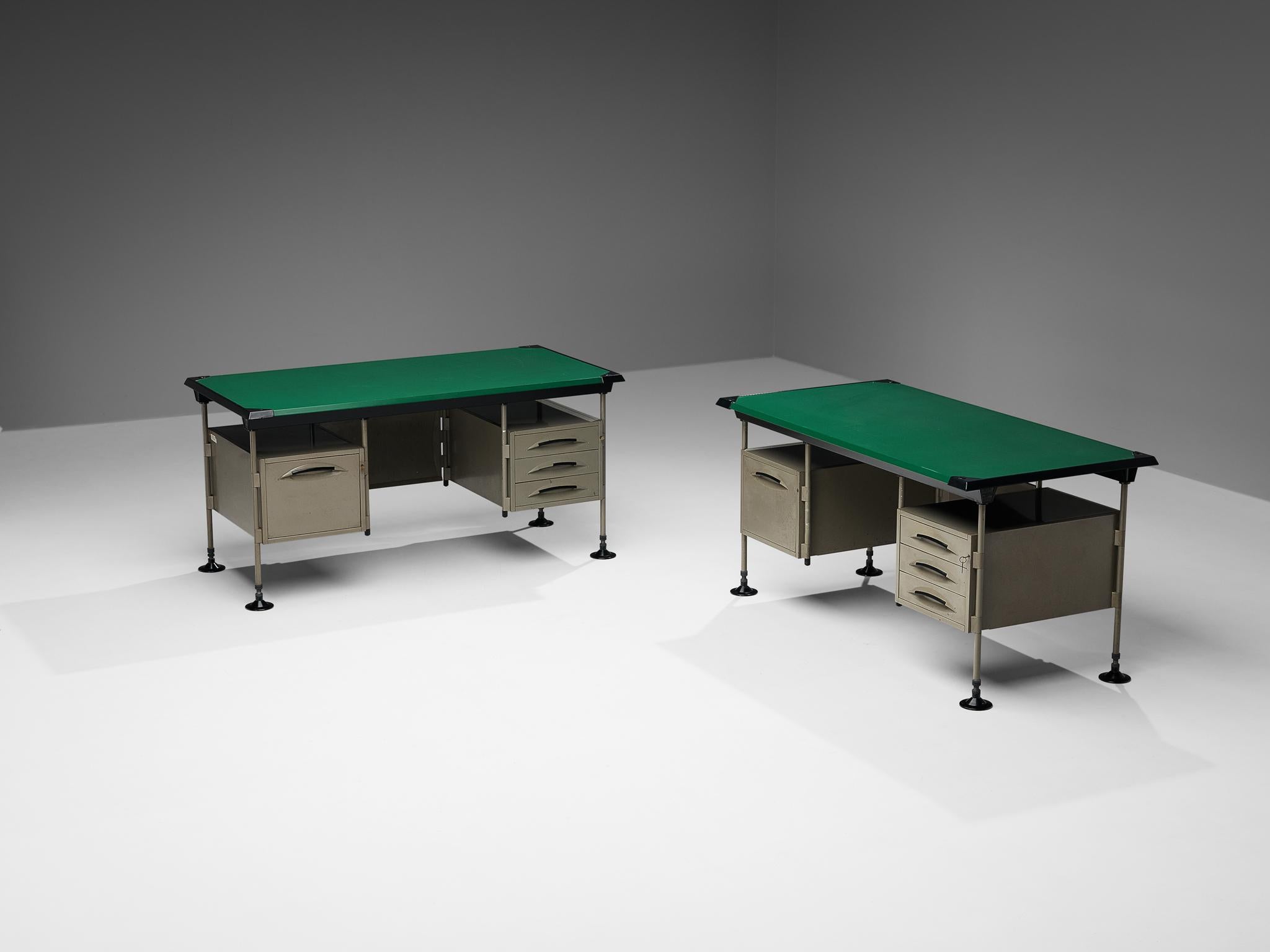 Studio BBPR for Olivetti, 'Spazio' writing desks, coated steel, plastic, vinyl, Italy, design 1959/60, production 1960s 

In 1954, Olivetti, the Italian office equipment manufacturer, hired BBPR to design their New York showroom on Fifth Avenue