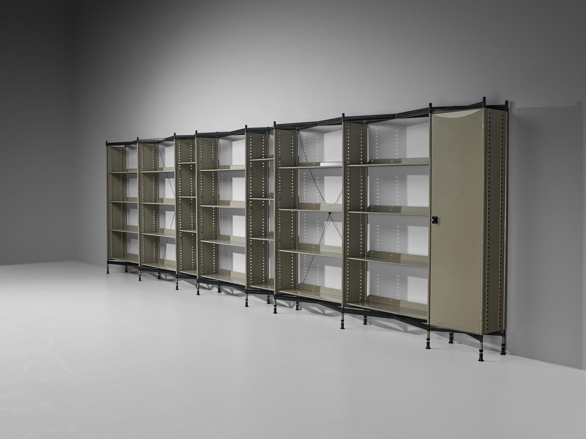 Studio BBPR for Olivetti, 'Spazio' shelving system, lacquered steel, plastic, Italy, design 1959/60, production 1960s 

Large modular shelving system designed by Studio BBPR for Olivetti. In 1954, Olivetti, the Italian office equipment manufacturer,