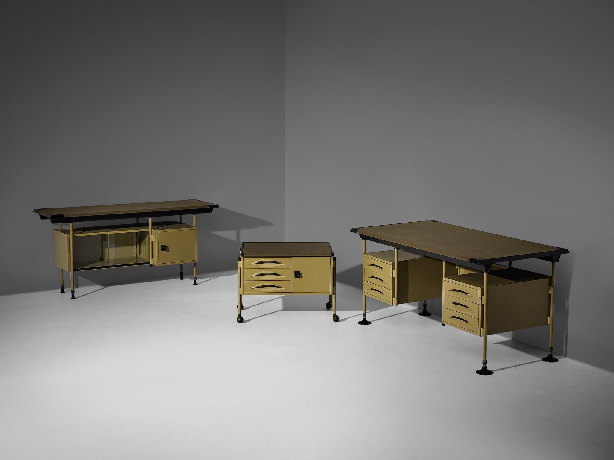 Studio BBPR for Olivetti, 'Spazio' set with desk with drawers sideboard and side table with drawers, steel, vinyl, plastic, Italy, ca. 1960 

This olive green industrial office set was designed by Studio BBPR for Olivetti in 1960. The 'Spazio'