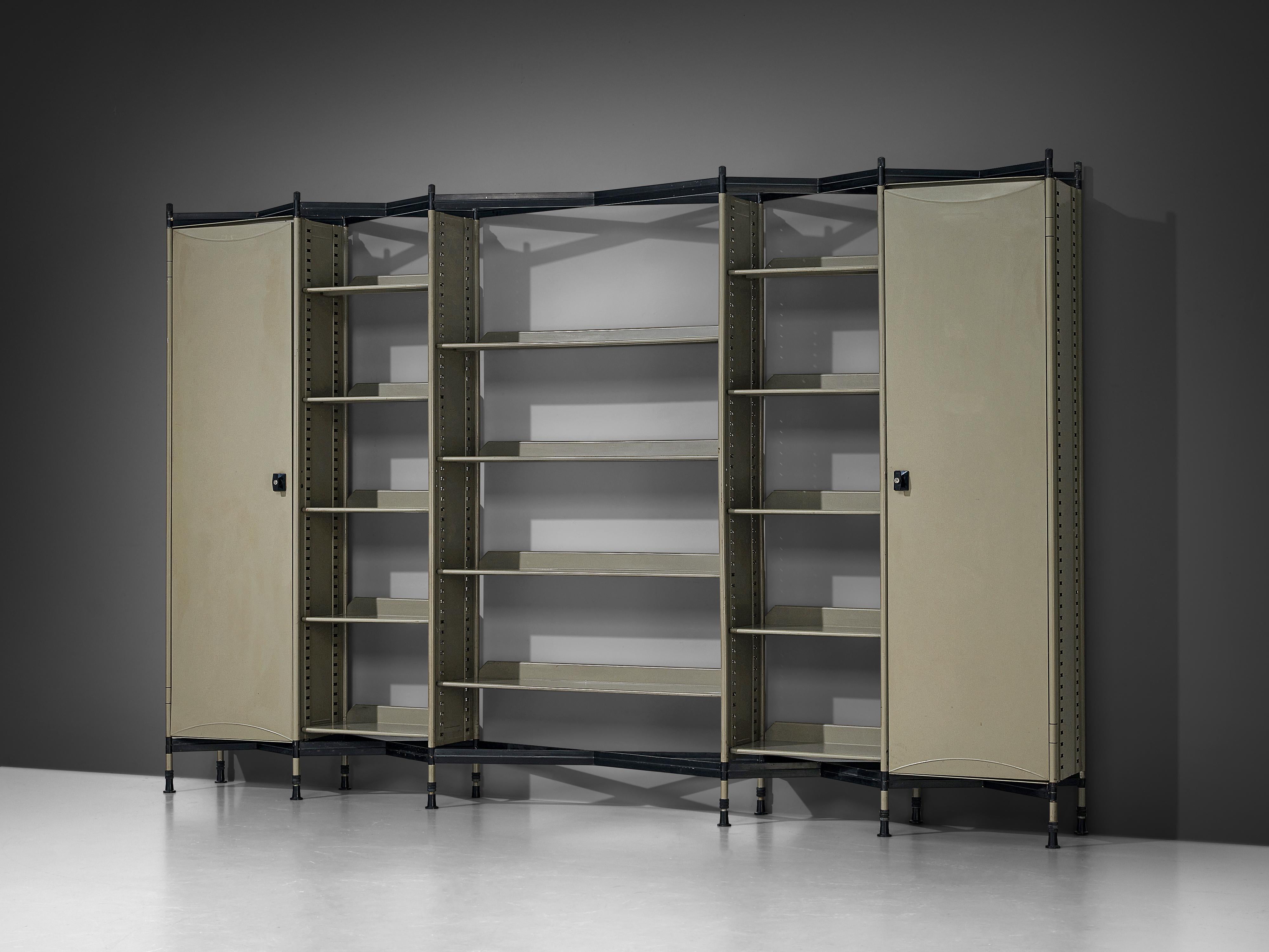 Studio BBPR for Olivetti, 'Spazio' shelving system, lacquered steel, plastic, Italy, design 1959/60, production 1960s 

In 1954, Olivetti, the Italian office equipment manufacturer, hired BBPR to design their New York showroom on Fifth Avenue and to