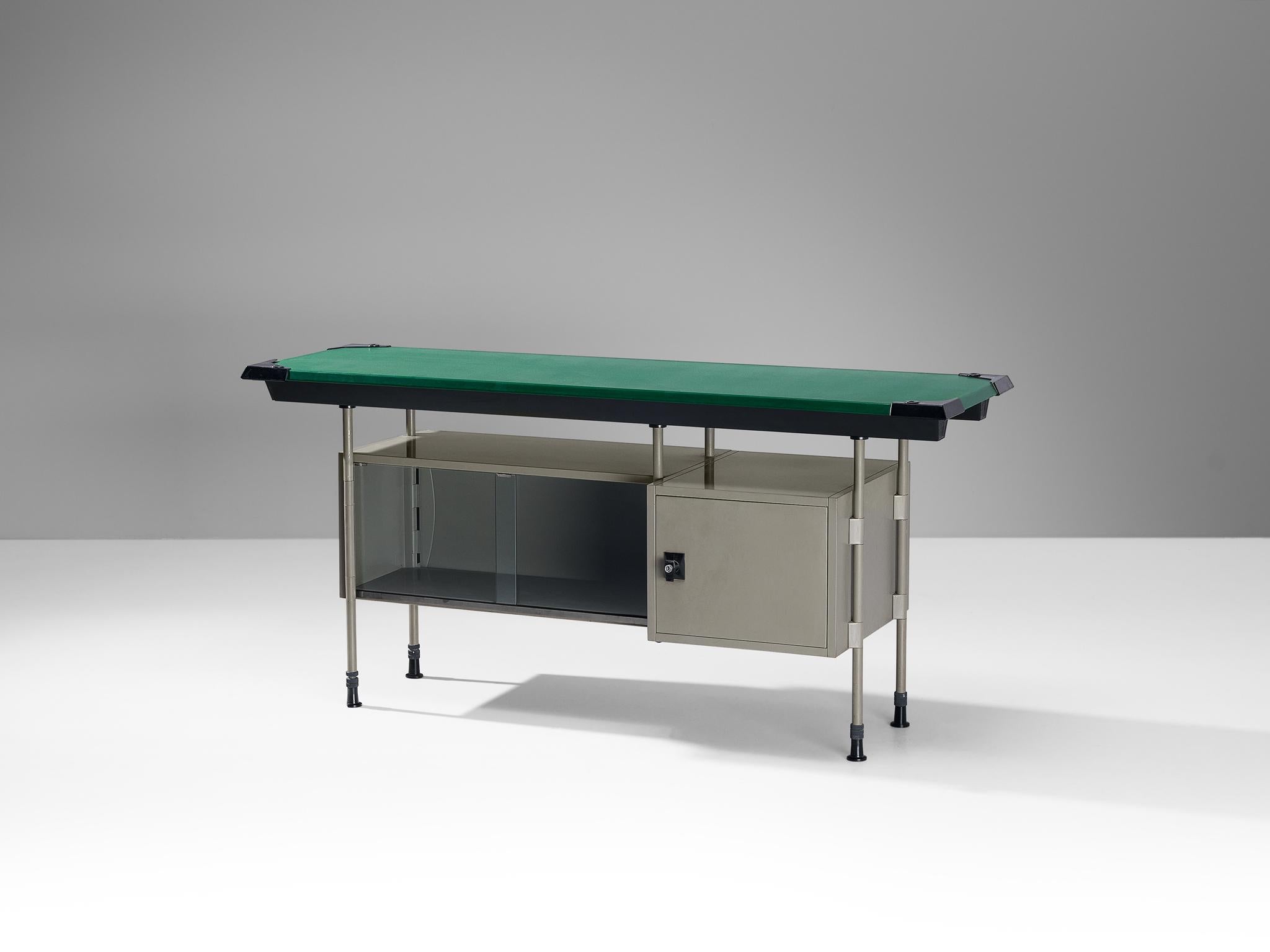 Studio BBPR for Olivetti, 'Spazio' sideboard, coated steel, plastic, glass, vinyl, Italy, design 1959/60, production, 1960s.

In 1954, Olivetti, the Italian office equipment manufacturer, hired BBPR to design their New York showroom on Fifth Avenue