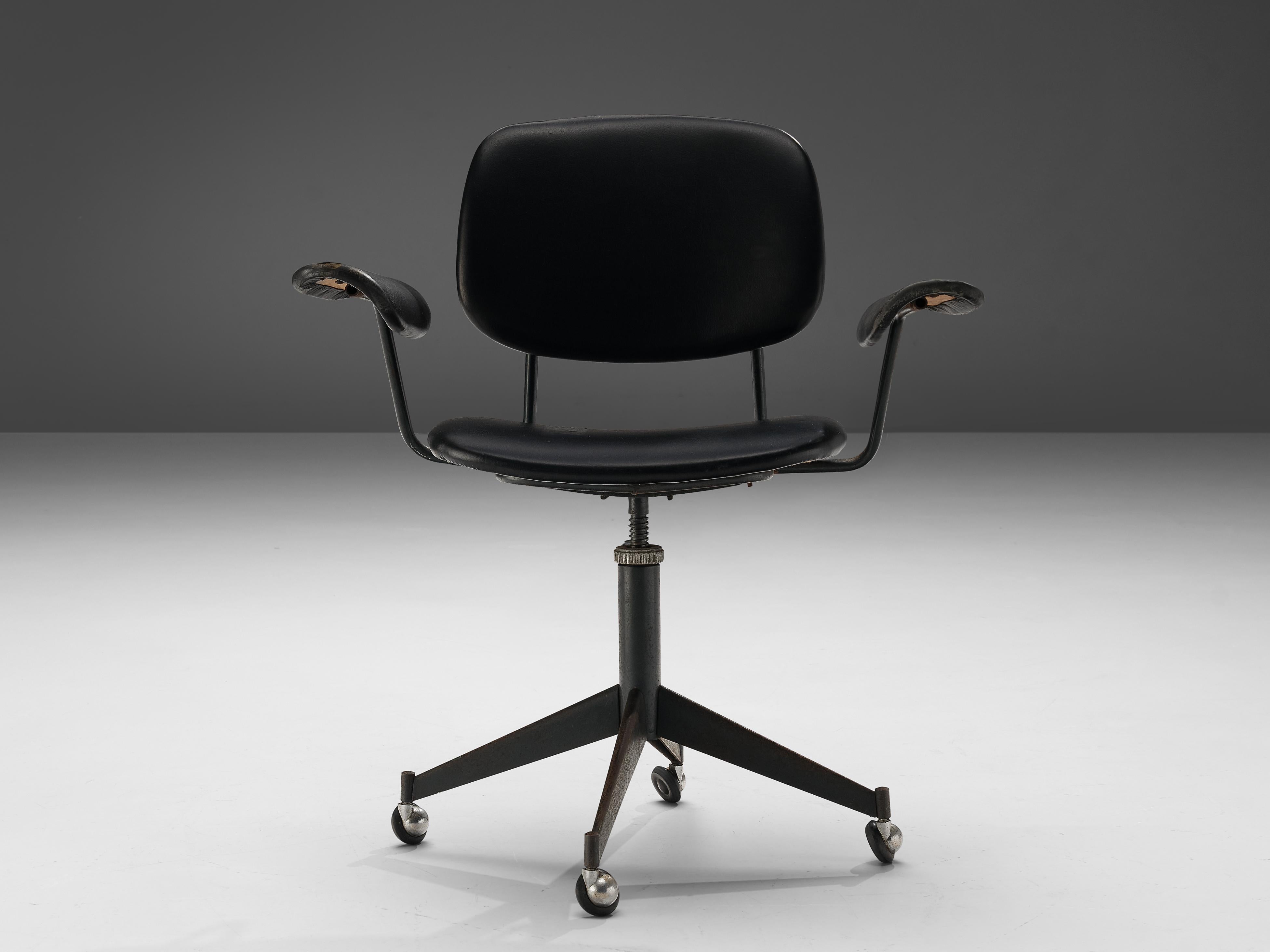 Studio BBPR for Olivetti, desk swivel chair ‘Spazio’, metal, leather, Italy, ca. 1960   

This desk chair features clearly the characteristics and visual qualities of the BBPR designs. A wonderful airy yet strong appearance defines the chair, which