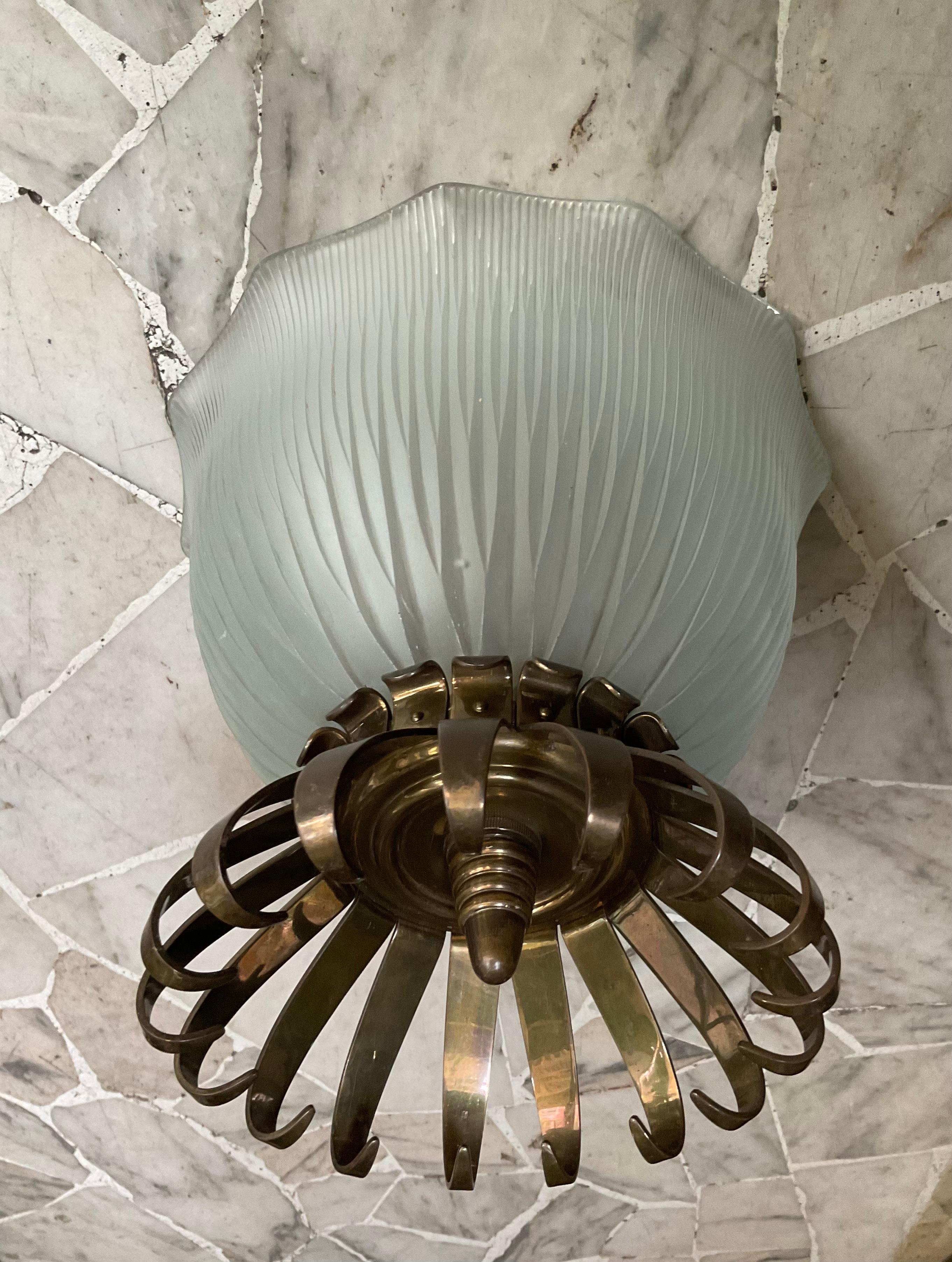 Brass Studio BBPR ceiling lamp 1950s glass and bronze  For Sale