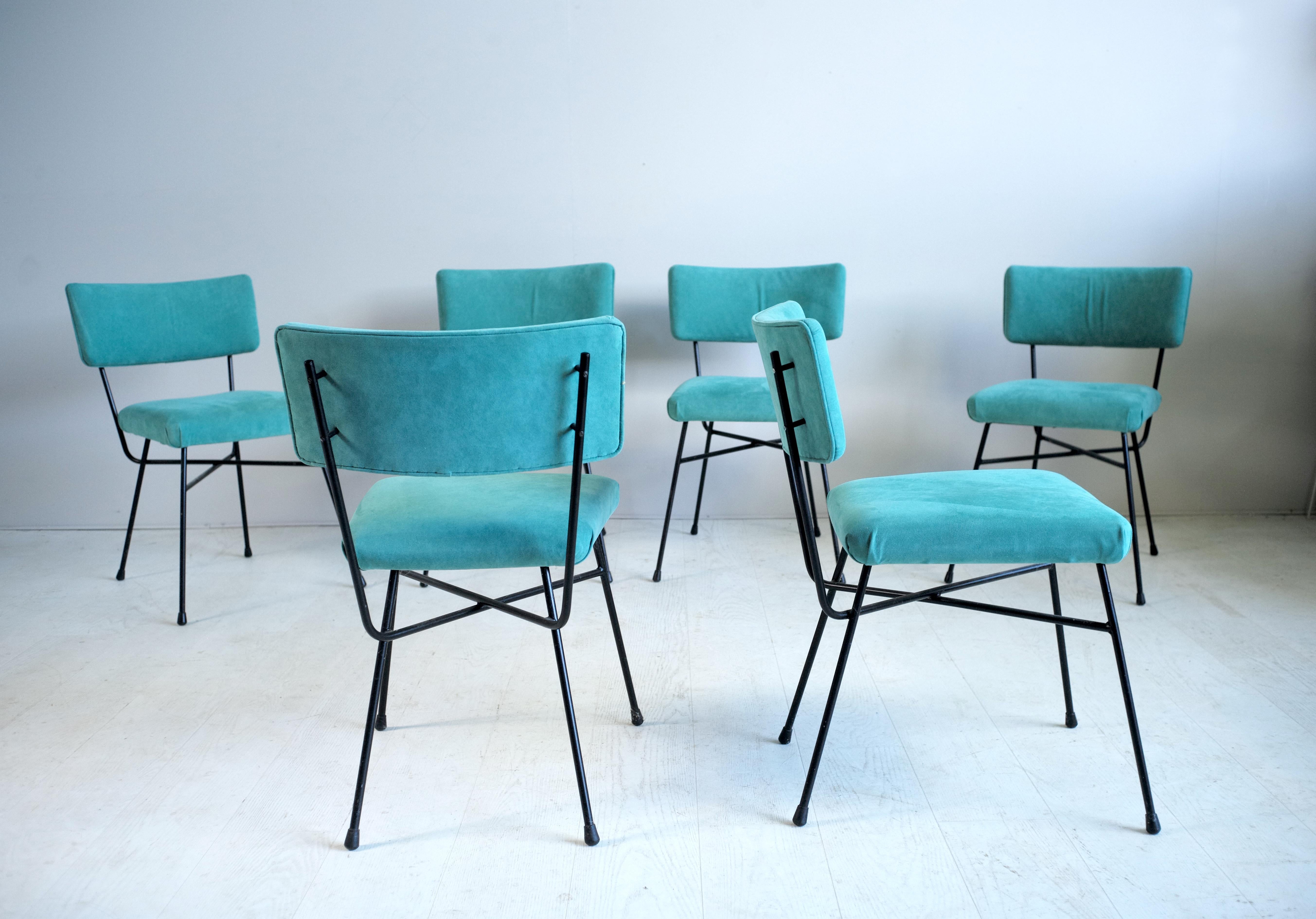 Series of 6 Elettra chairs created by Studio BBPR, produced by Arflex, Italy 1954. Structure in black lacquered tubular metal, seat and back covered with blue or almond green Alcantara. The Italian studio BBPR was formed in 1932 by the architects,