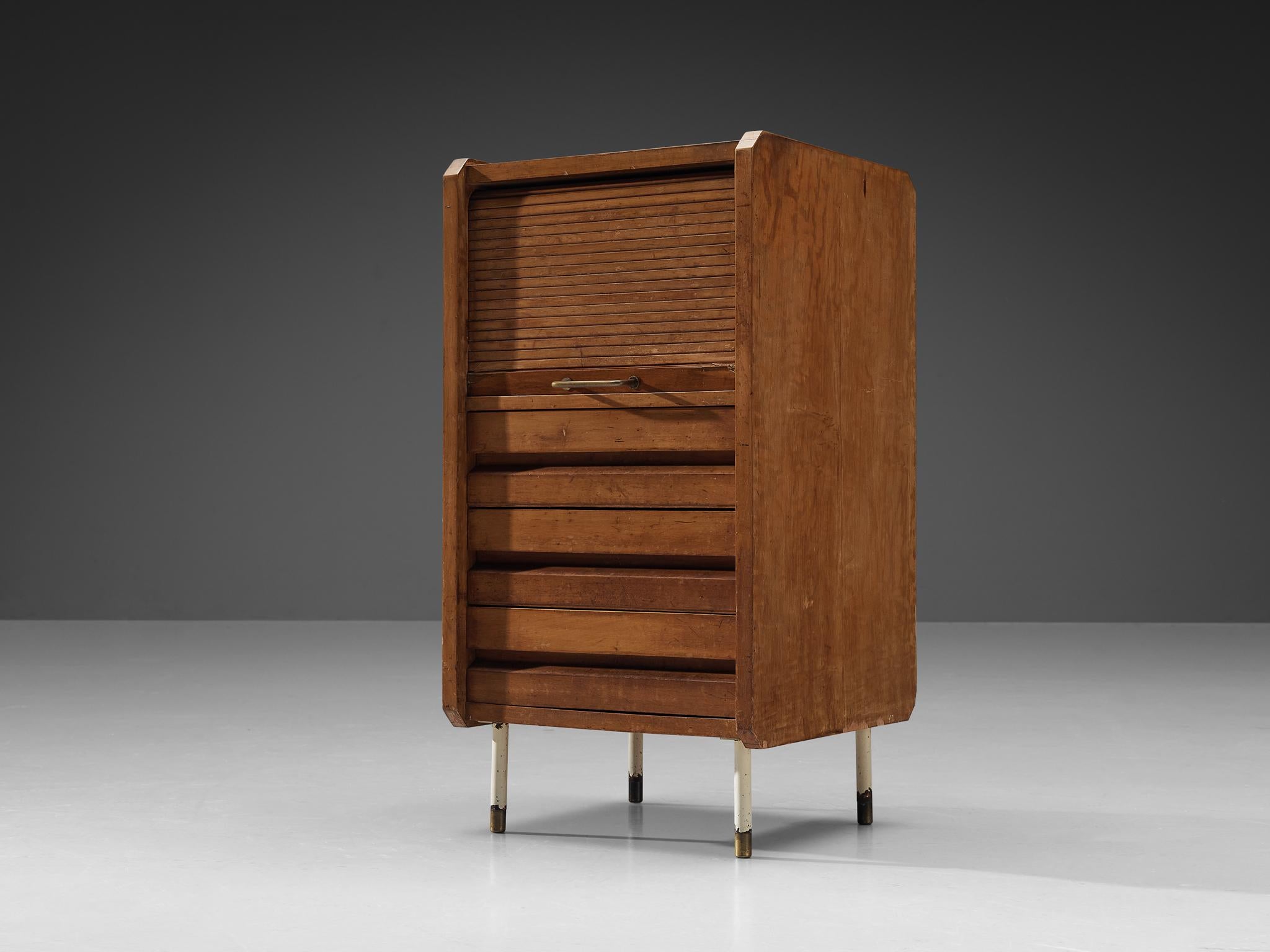 Studio B.B.P.R. (Lodovico Barbiano di Belgiojoso, Enrico Peressutti, Ernesto Nathan Rogers), cabinet, walnut, brass, lacquered metal, Italy, 1960s.  

This delicate small cabinet is designed by Studio B.B.P.R. in the 1960s. Furnished with seven